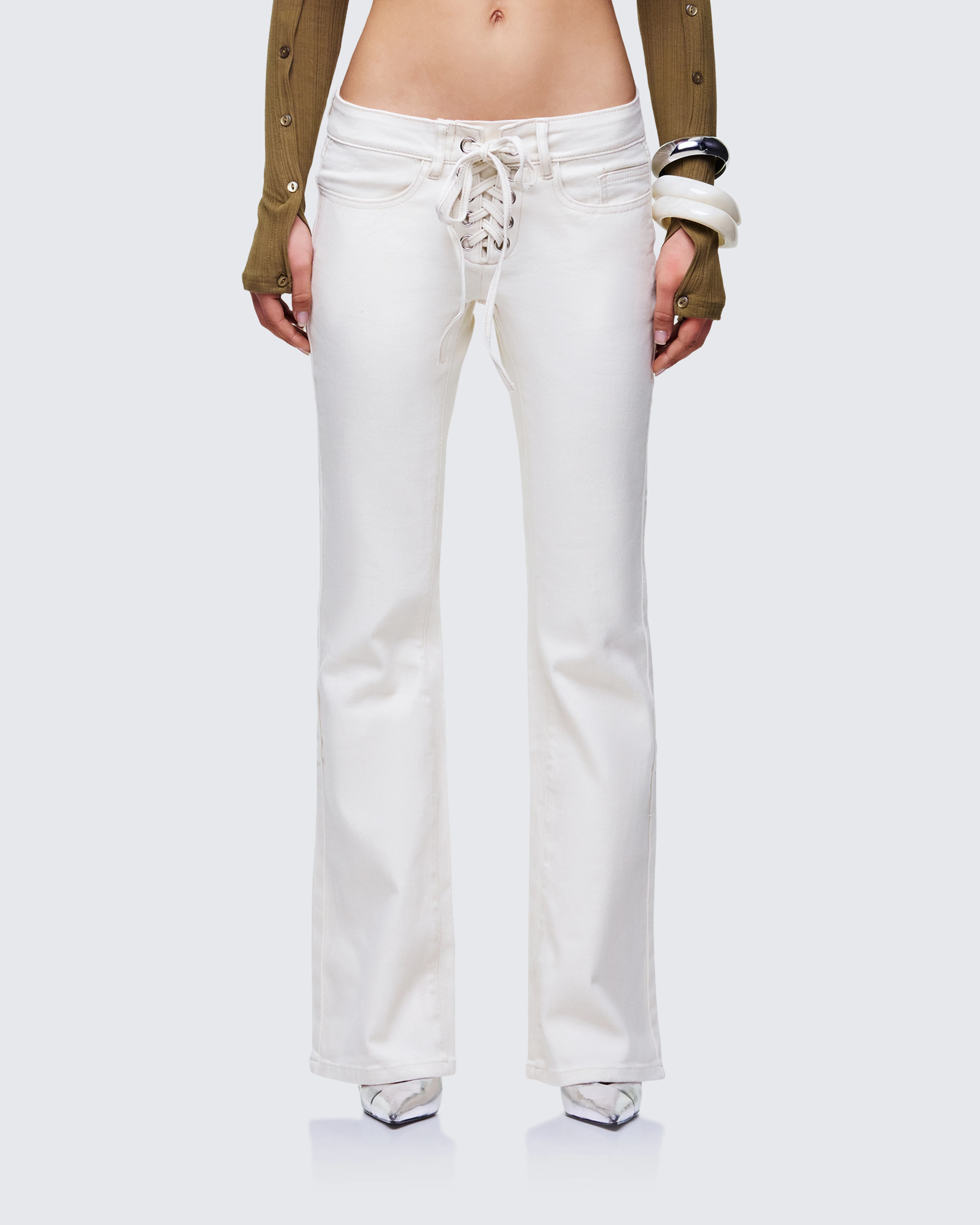Abiola Ivory Denim Lace Up Jeans - Image 2
