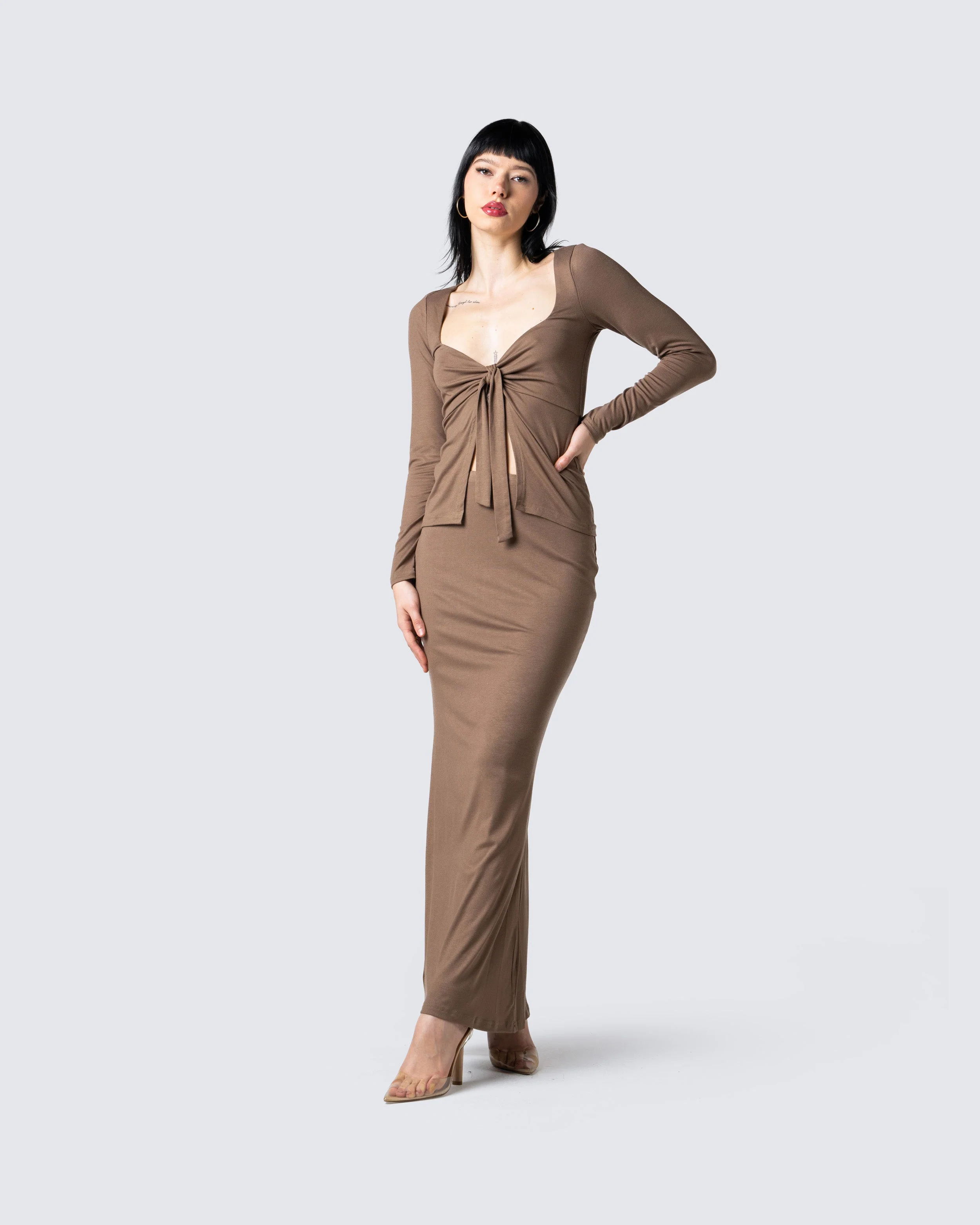 Abra Taupe Tie Front Top - Image 7