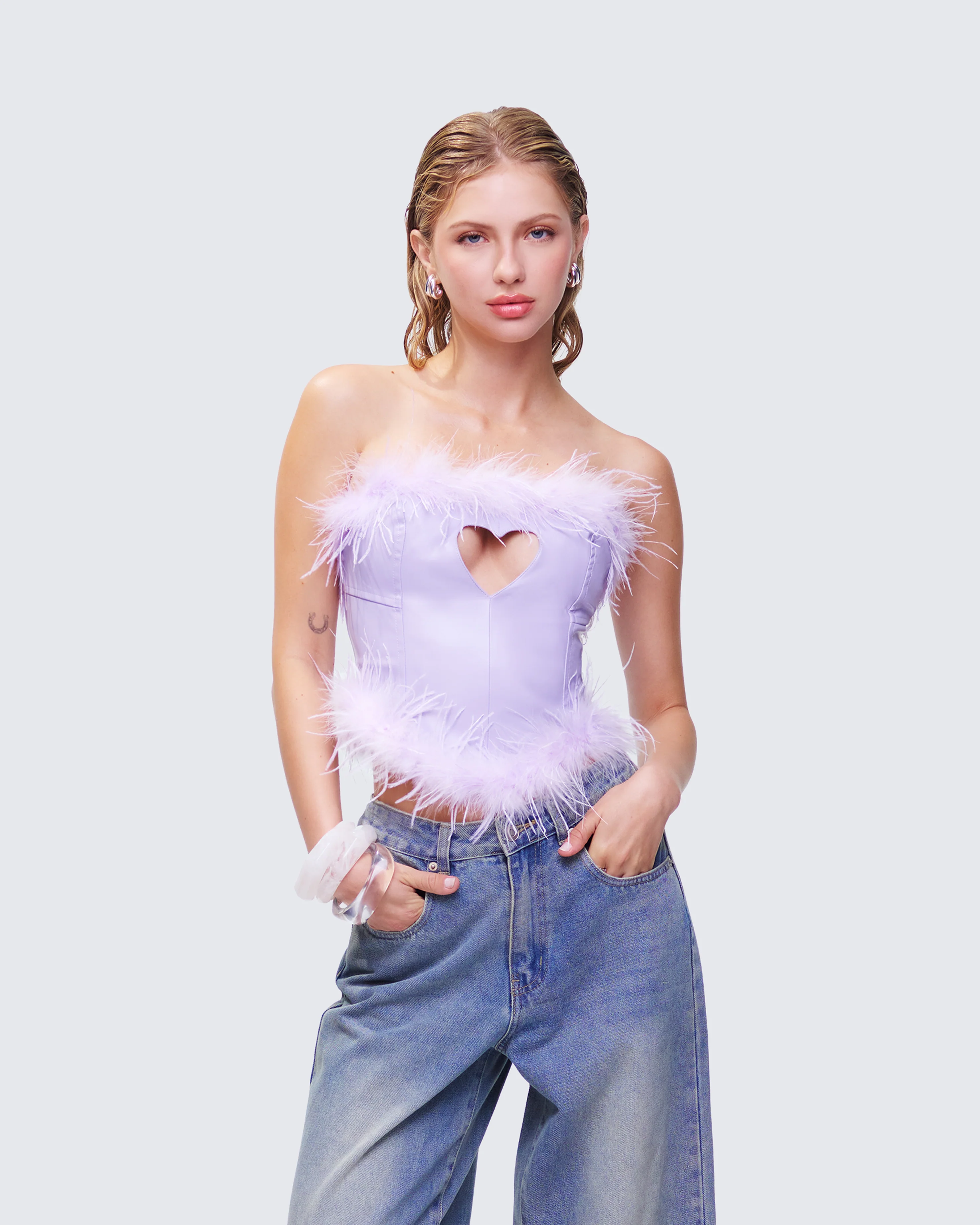 Abrielle Purple Cut Out Feather Corset Top - Image 3