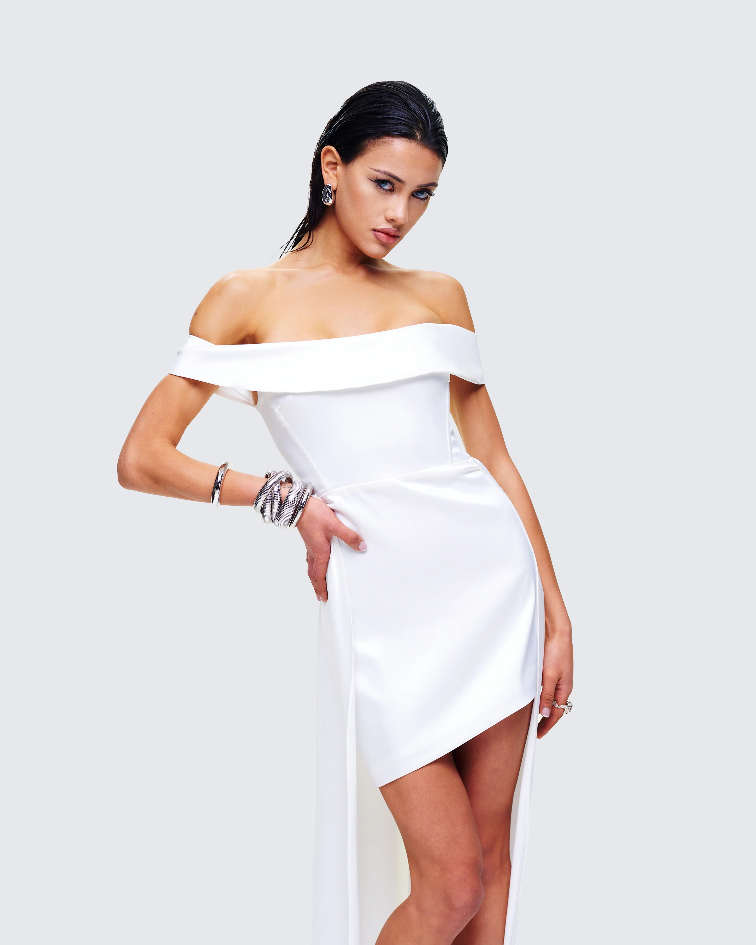 Aika White Off Shoulder High Low Dress - Image 8