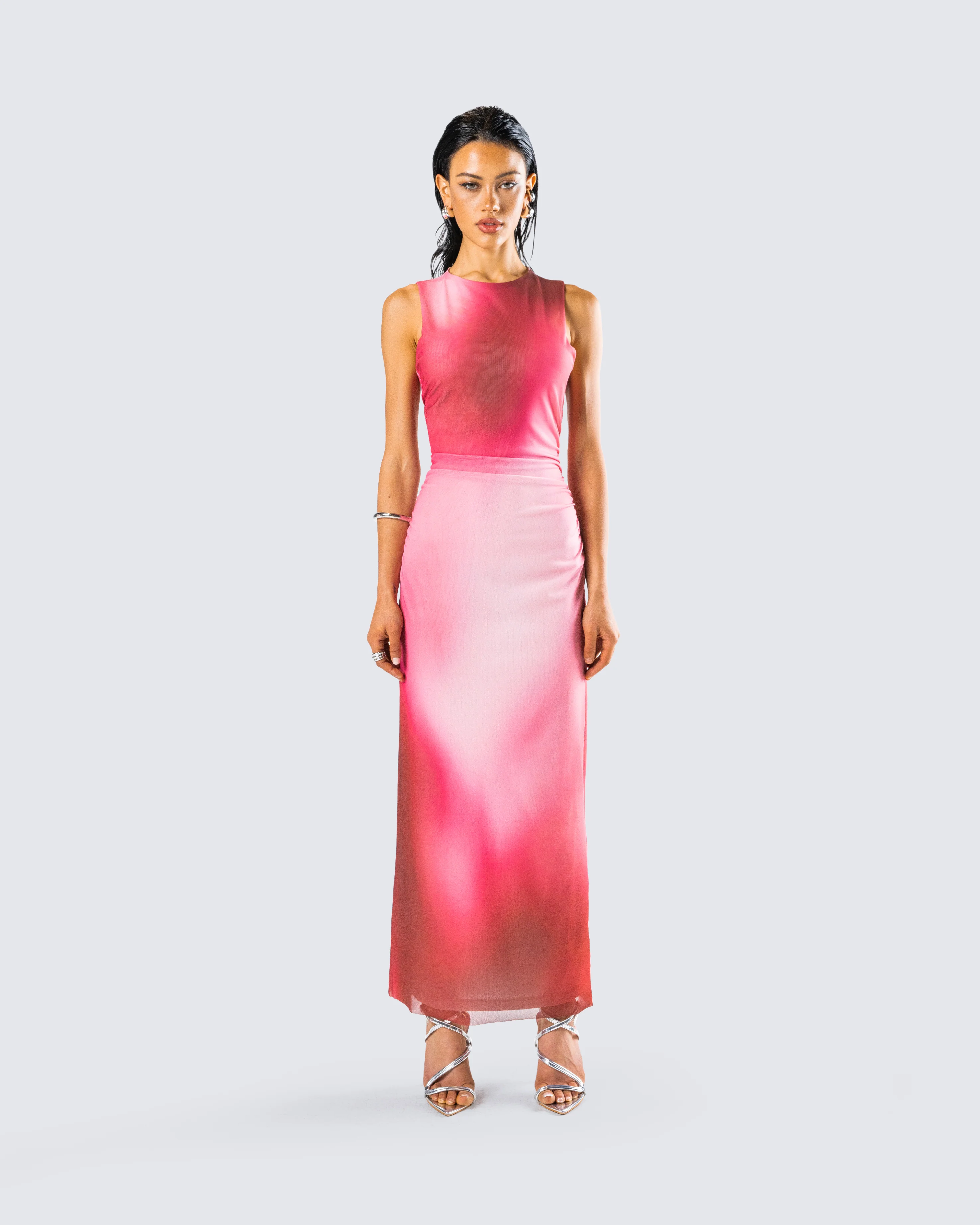 Aldina Red Print Mesh Maxi Dress - Image 4