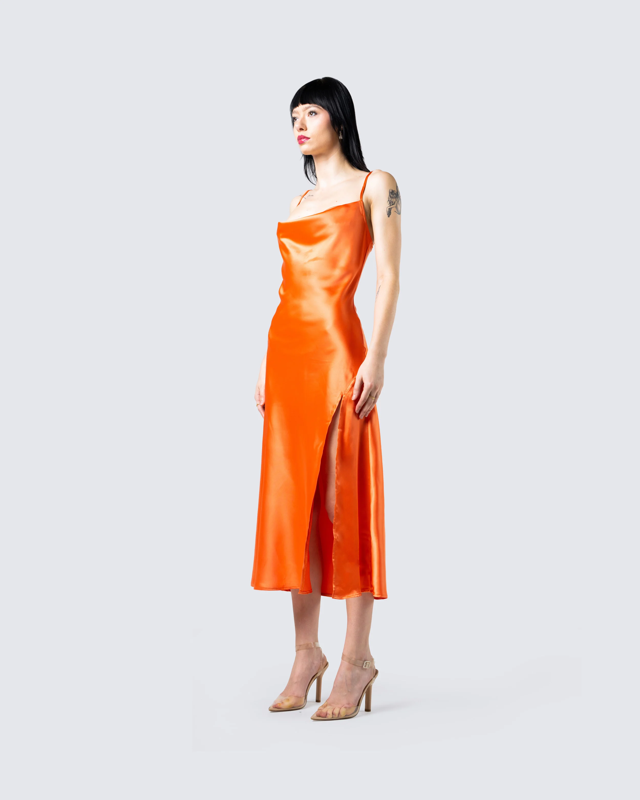 Alina Orange Satin Midi Dress - Image 7