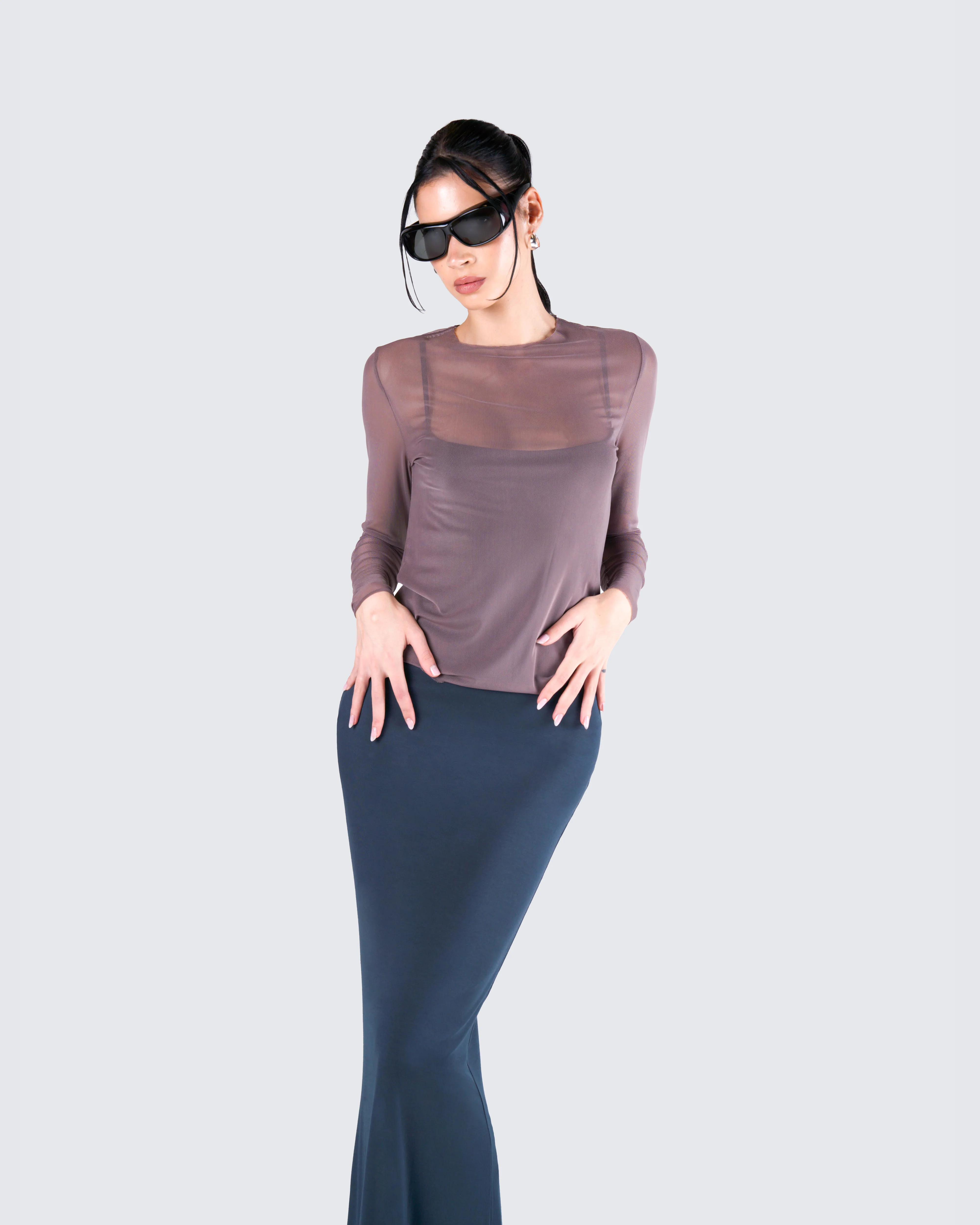Alyson Grey Mesh Long Sleeve Top - Image 9