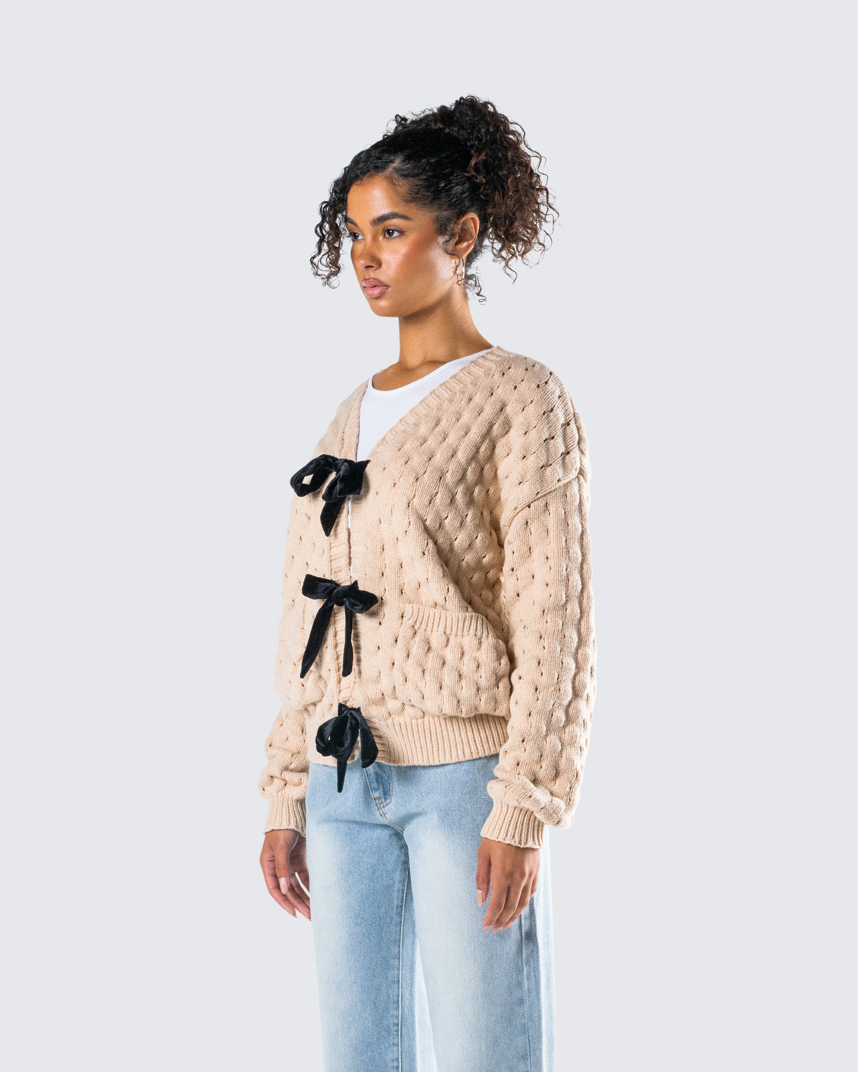 Andra Beige Bubble Knit Cardigan - Image 5