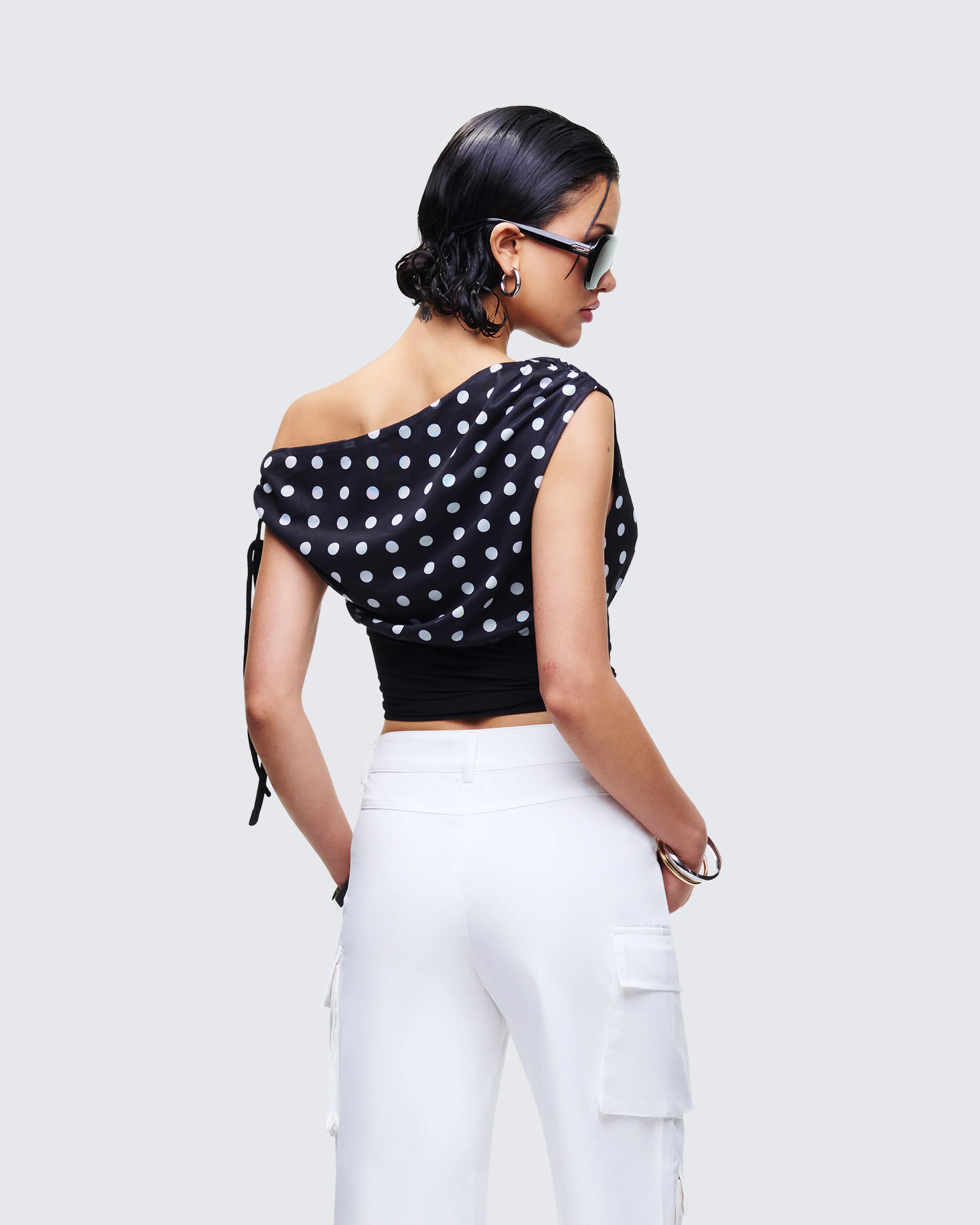 Ariana Black Polka Mesh Off Shoulder Top - Image 4