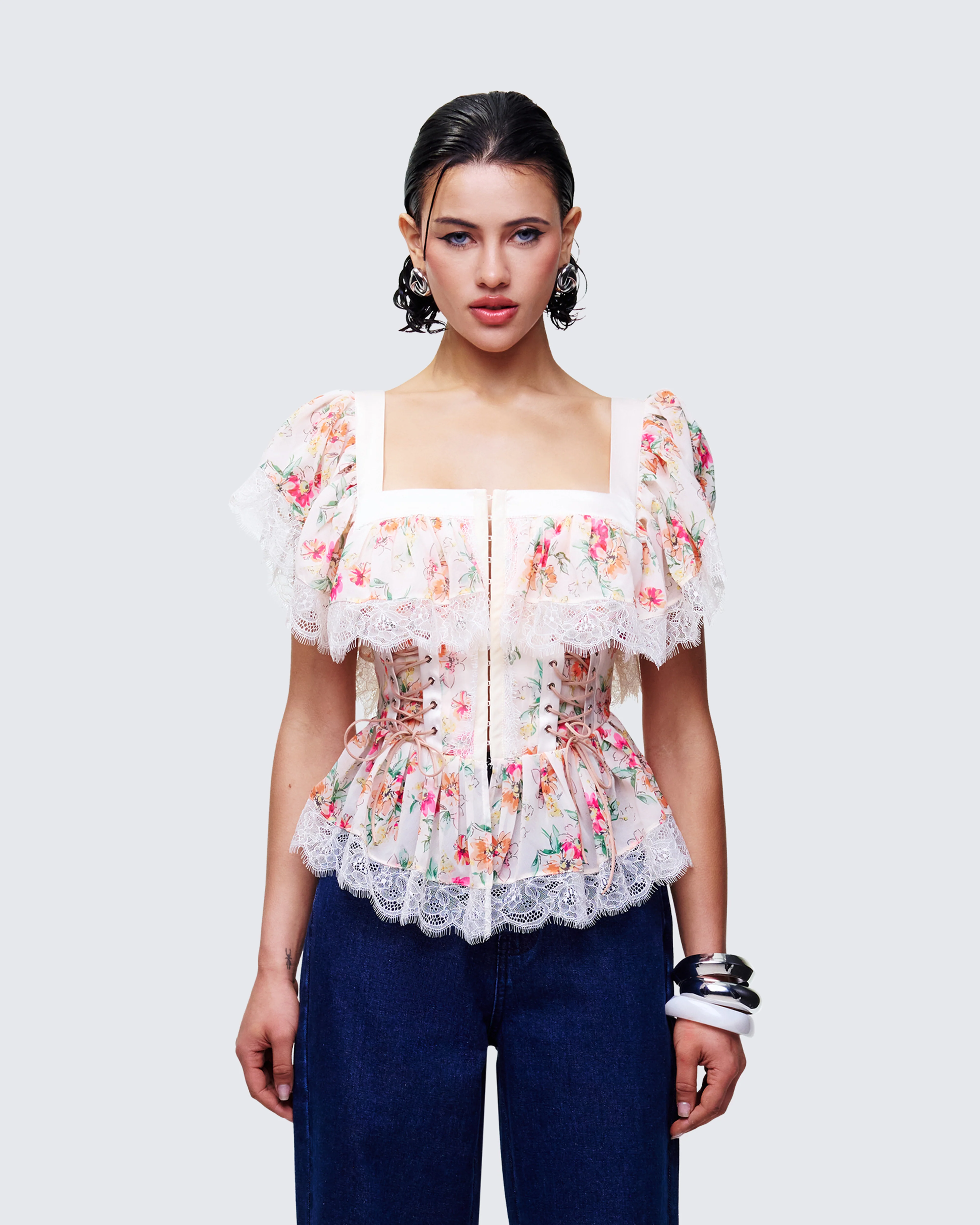 Aroa Ivory Floral Print Peplum Top - Image 2