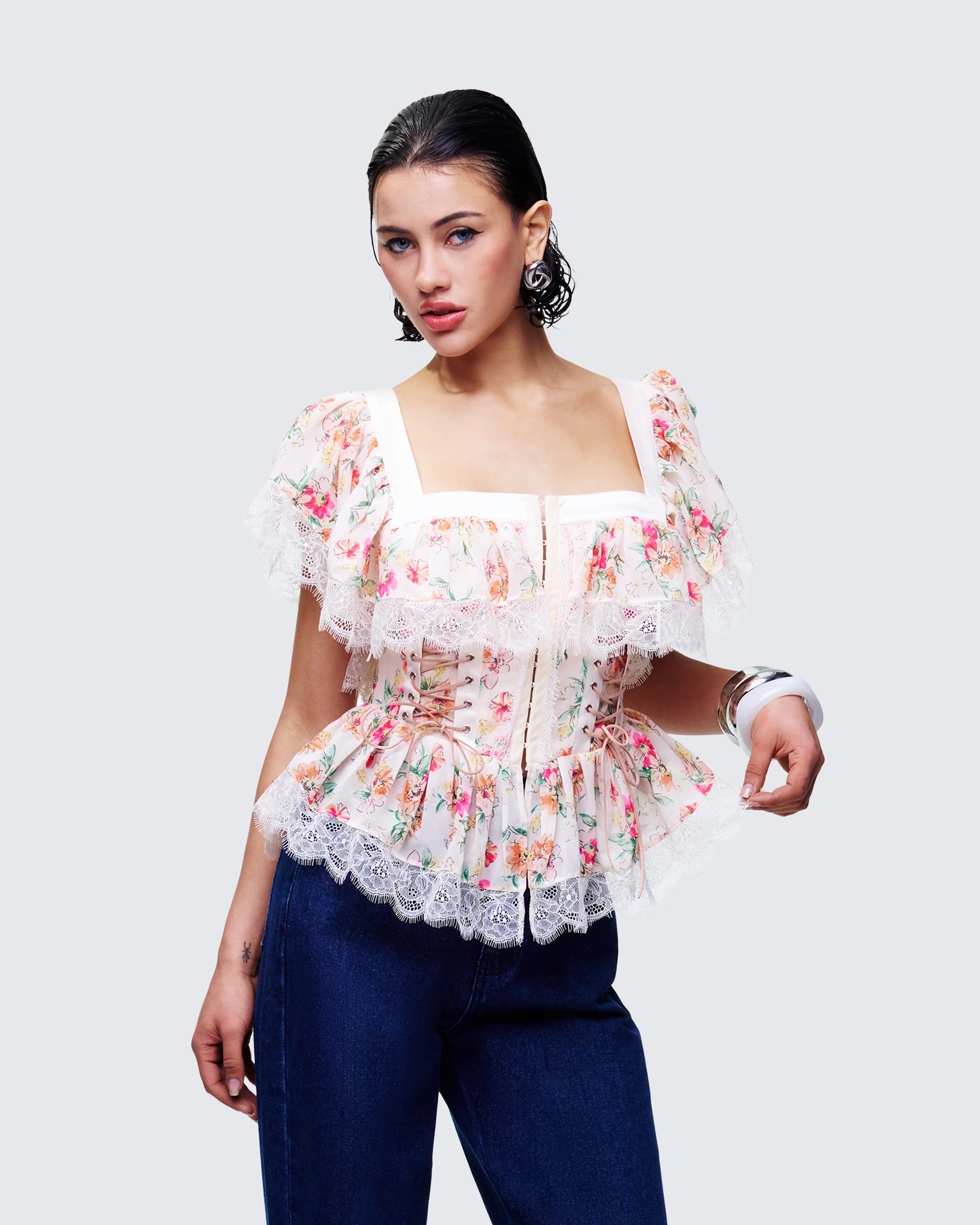 Aroa Ivory Floral Print Peplum Top - Image 3