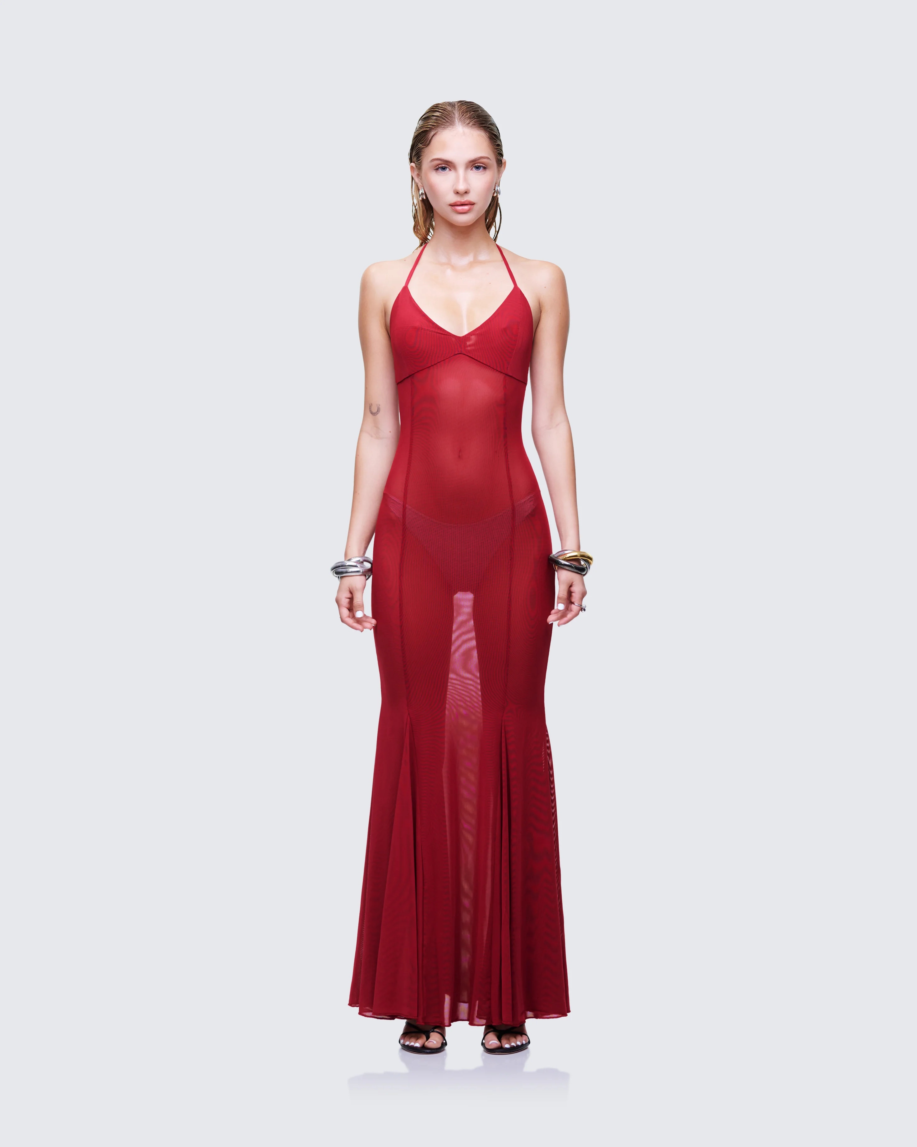 Ash Red Sheer Mesh Maxi Dress - Image 2
