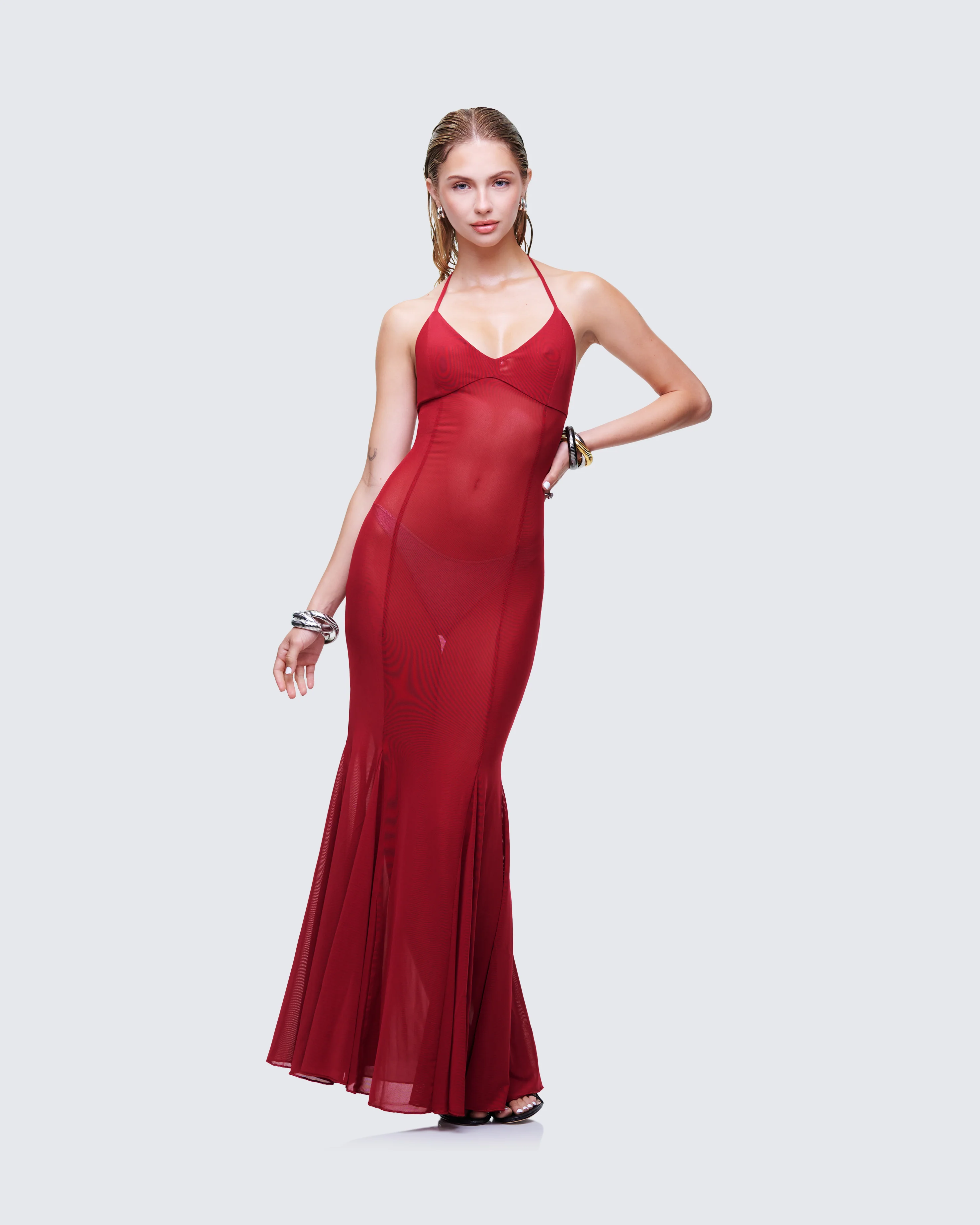 Ash Red Sheer Mesh Maxi Dress - Image 3