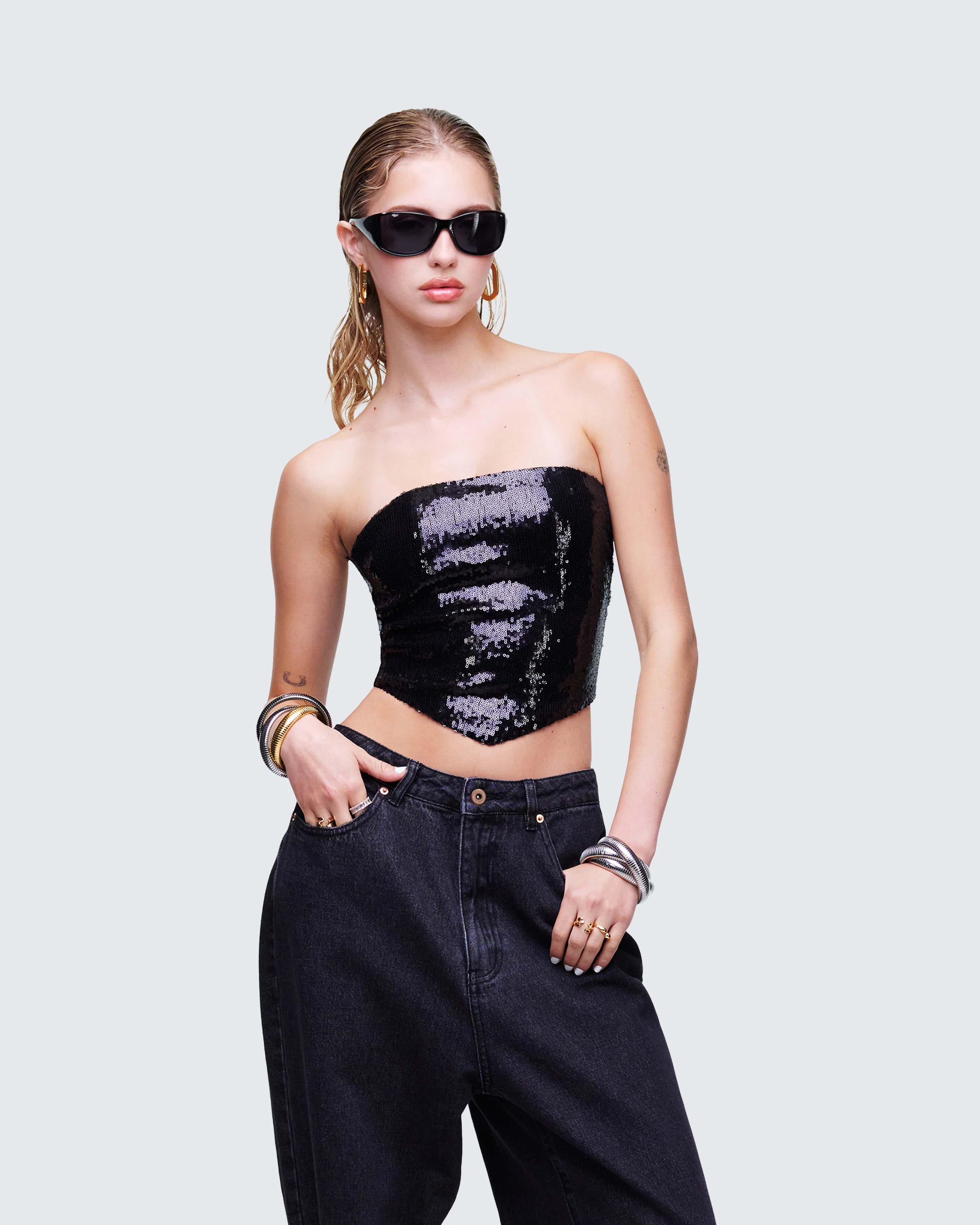 Astraia Black Sequin Bandeau Top - Image 3