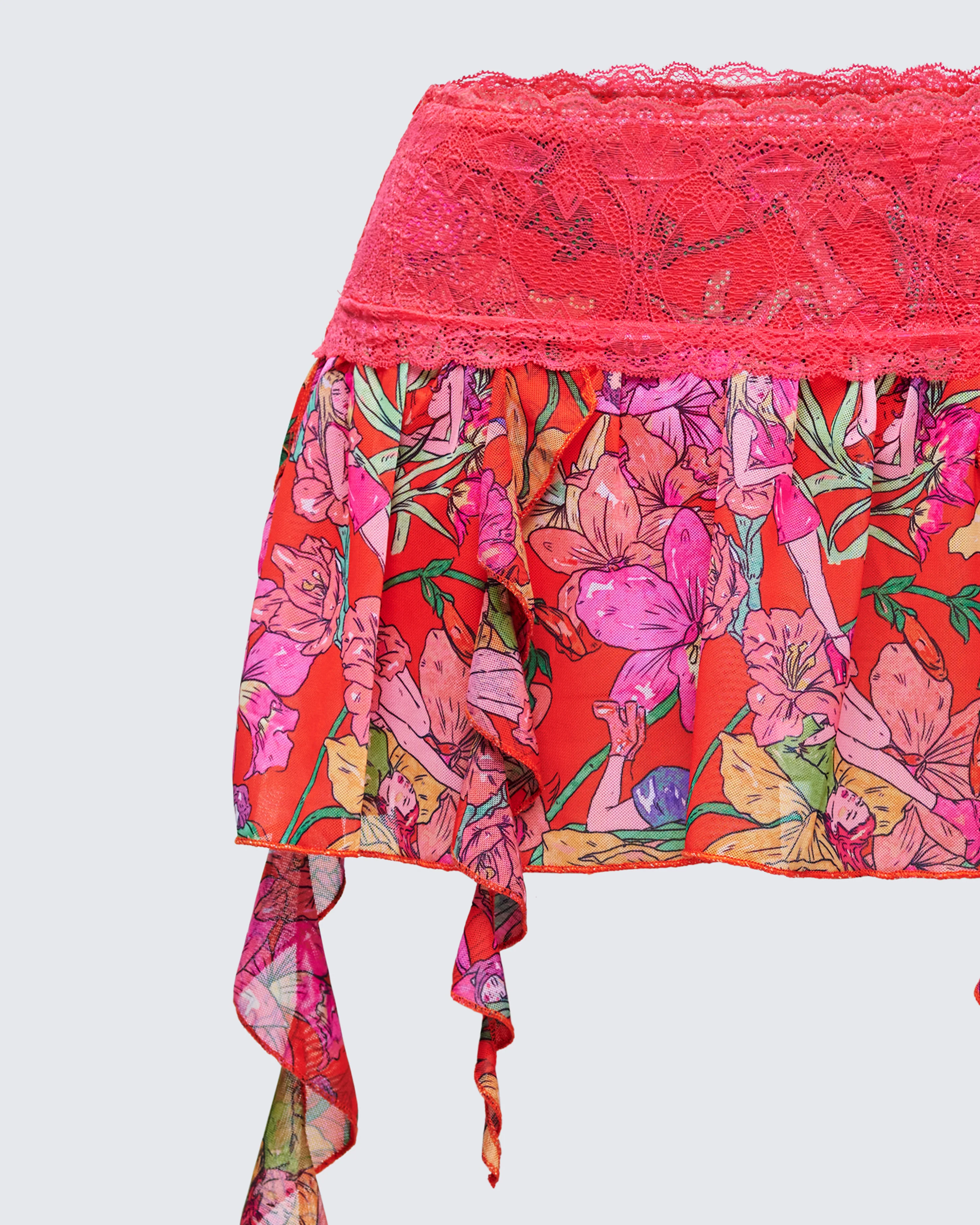 Aurelia Orange Printed Mesh Ruffle Mini Skirt - Image 6