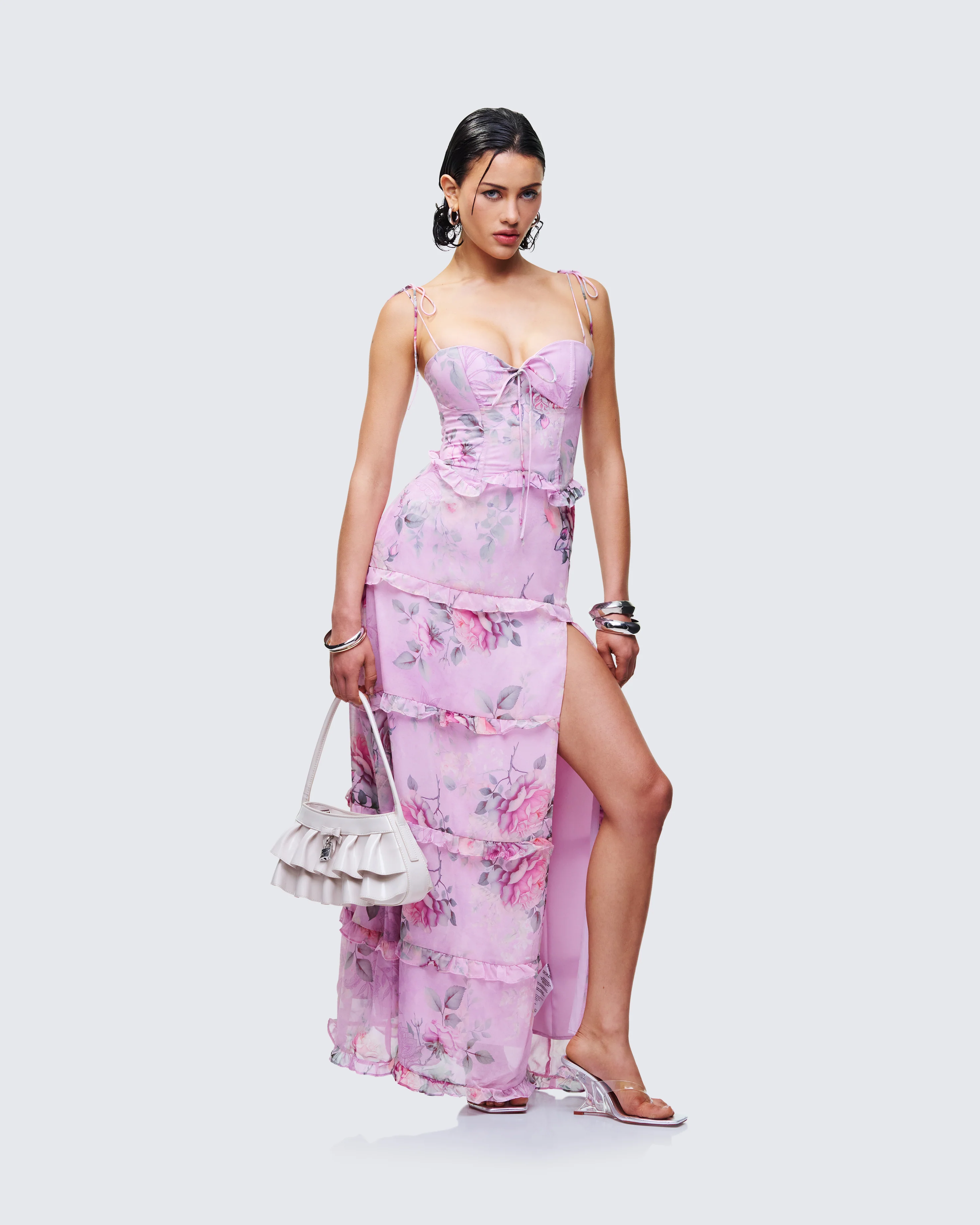 Aven Multi Printed Satin Ruffle Maxi Dress - Image 3