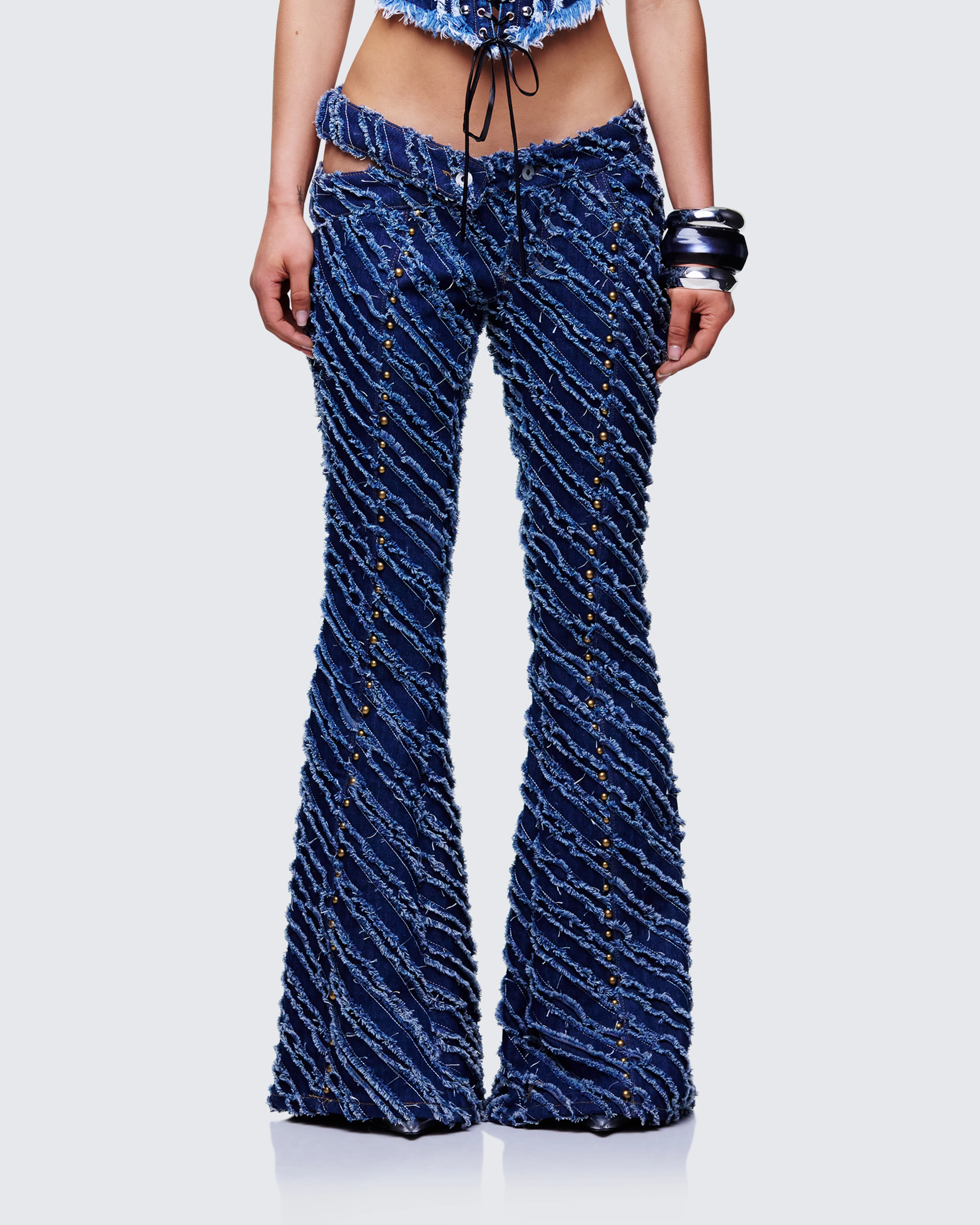 Aviv Blue Denim Studded Flared Jeans - Image 2