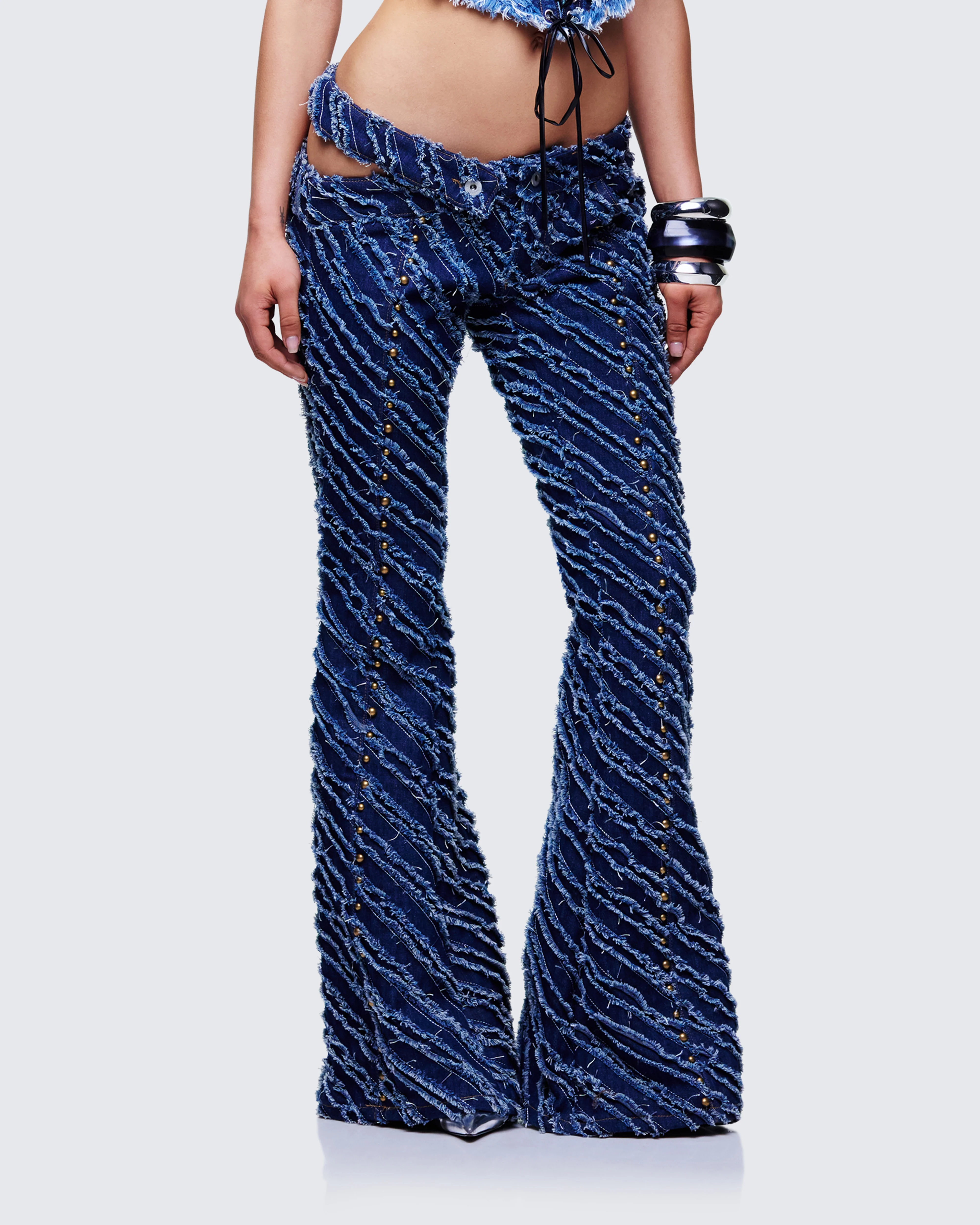 Aviv Blue Denim Studded Flared Jeans - Image 3
