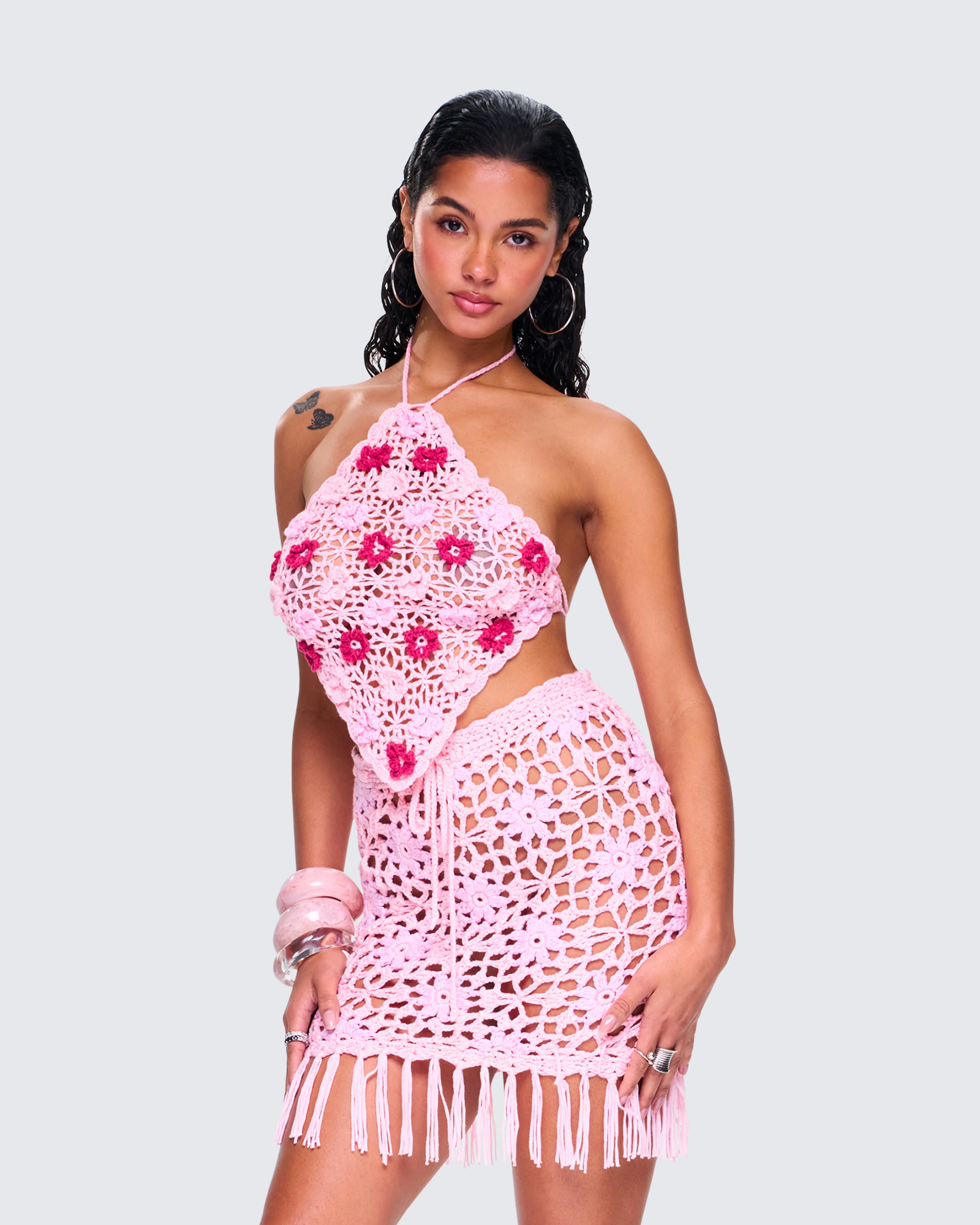 Aya Pink Floral Crochet Halter Top - Image 5