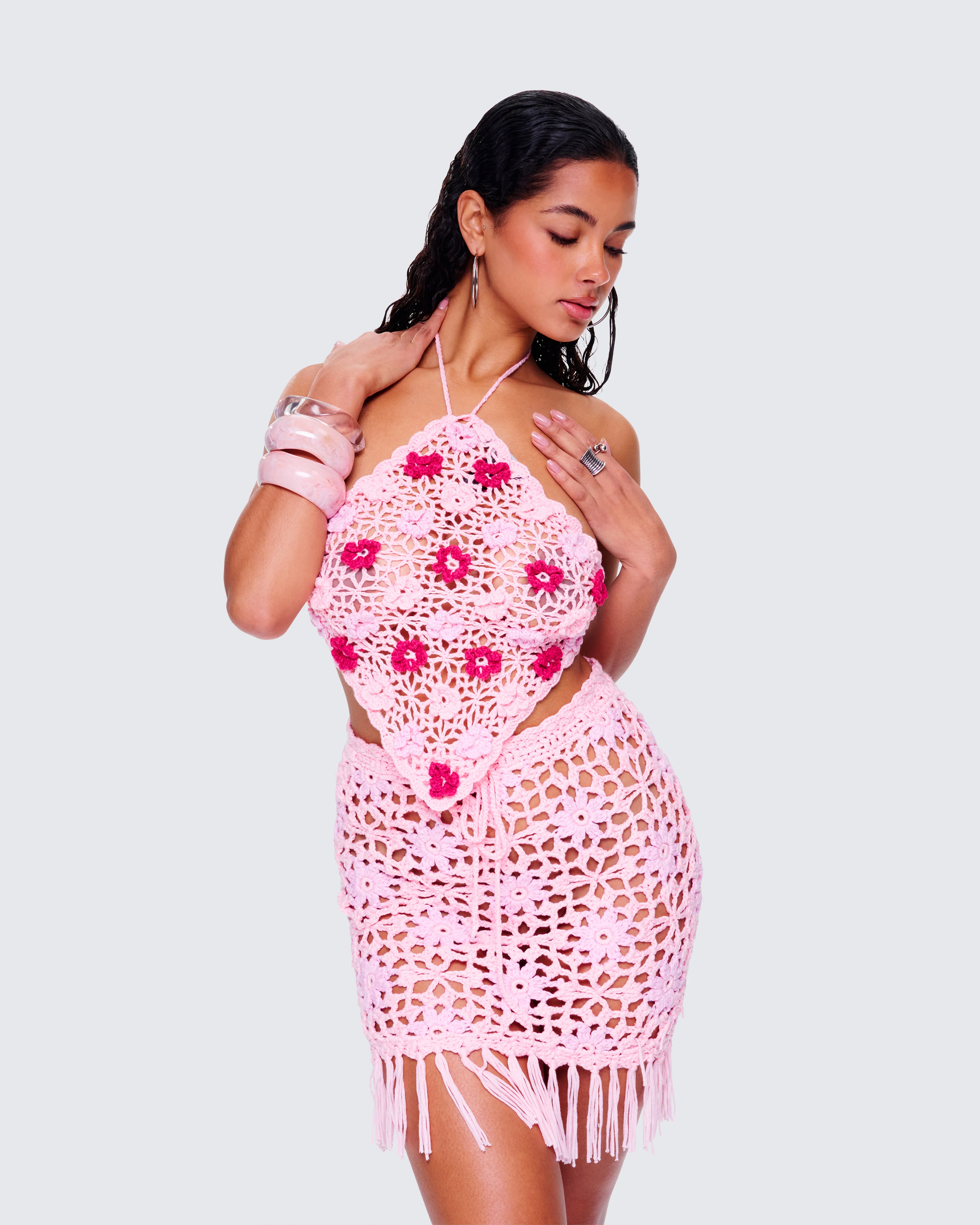 Aya Pink Floral Crochet Halter Top - Image 6