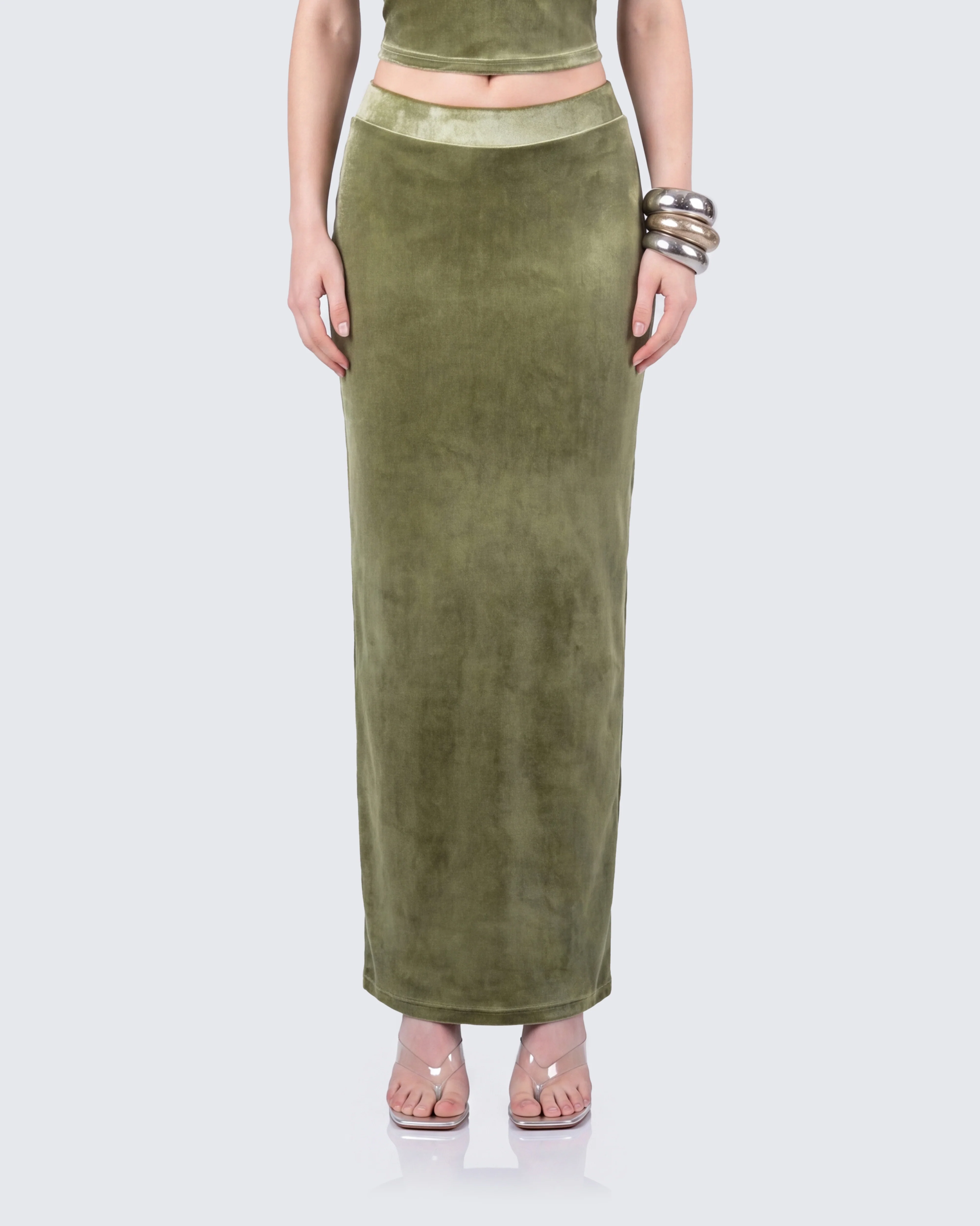 Ayla Olive Green Velvet Maxi Skirt - Image 3