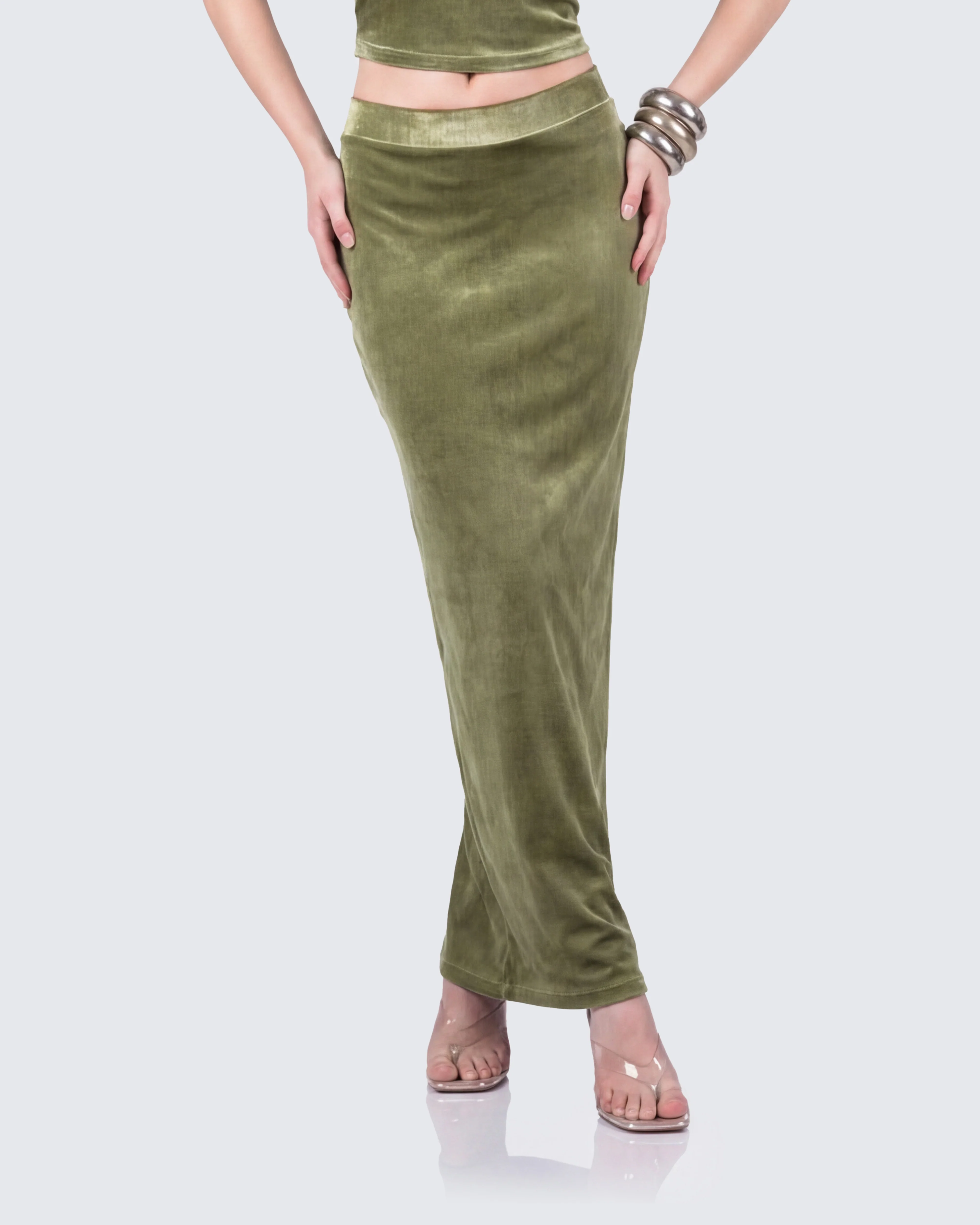 Ayla Olive Green Velvet Maxi Skirt - Image 4