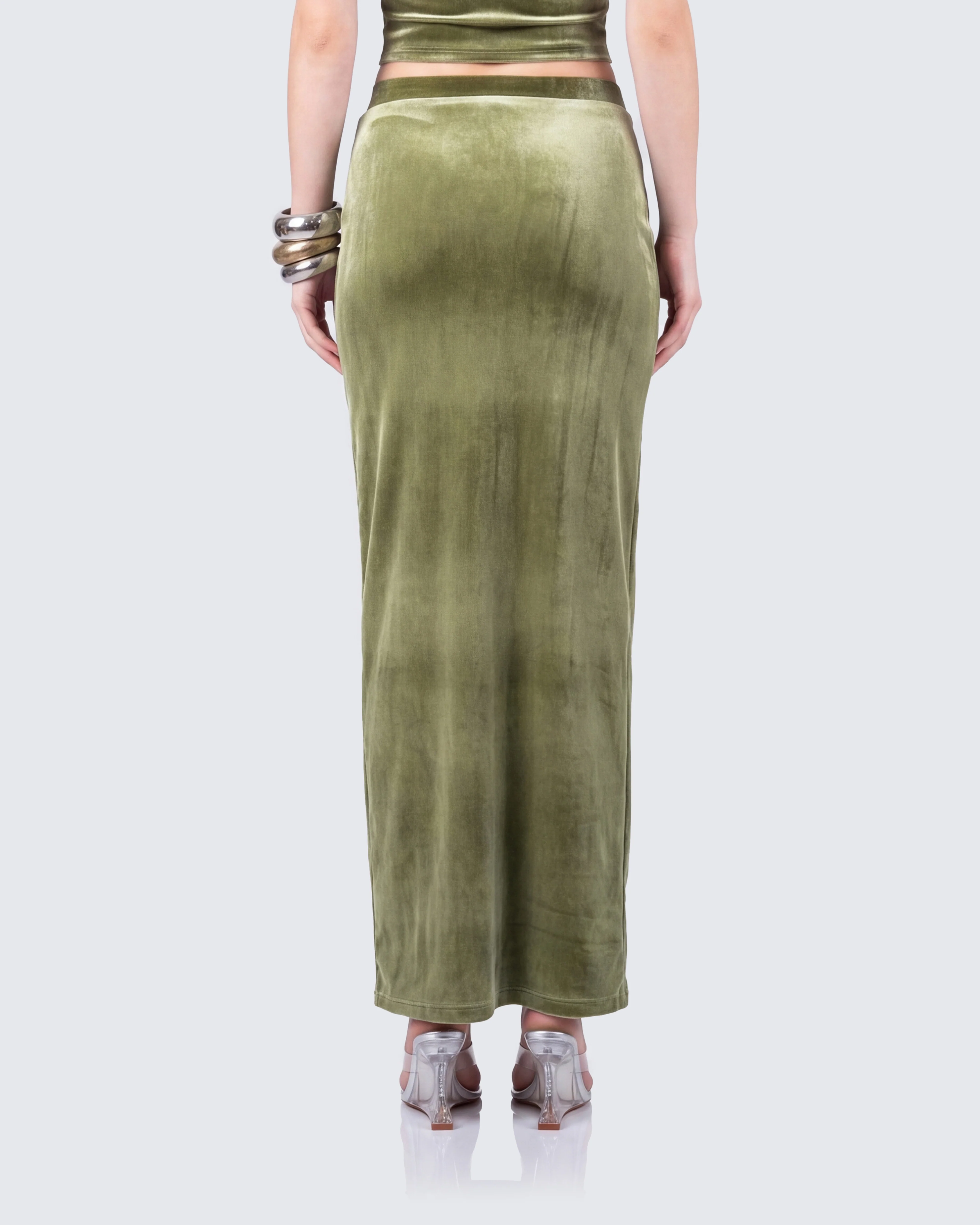 Ayla Olive Green Velvet Maxi Skirt - Image 5