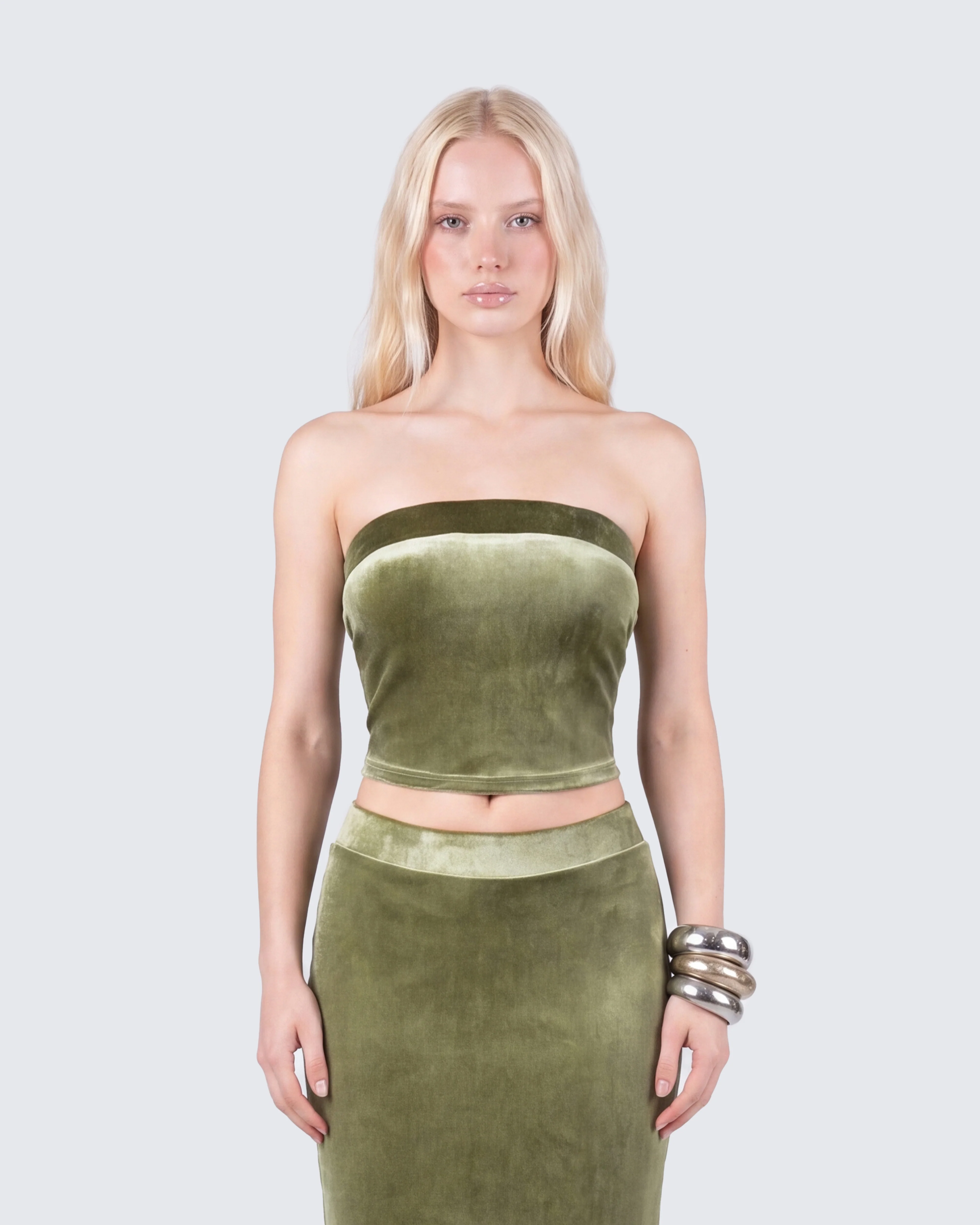 Ayla Olive Green Velvet Tube Top - Image 3