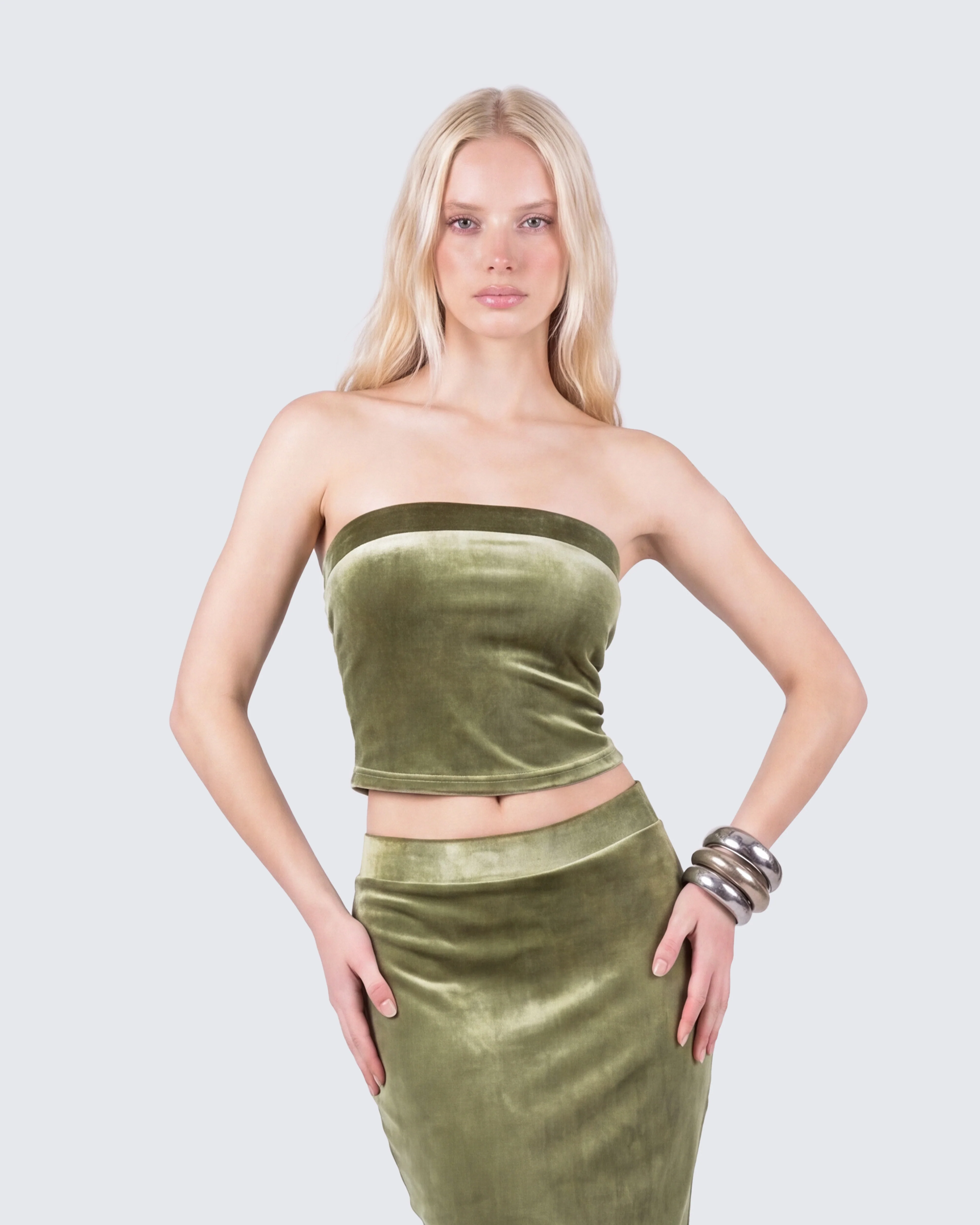 Ayla Olive Green Velvet Tube Top - Image 4