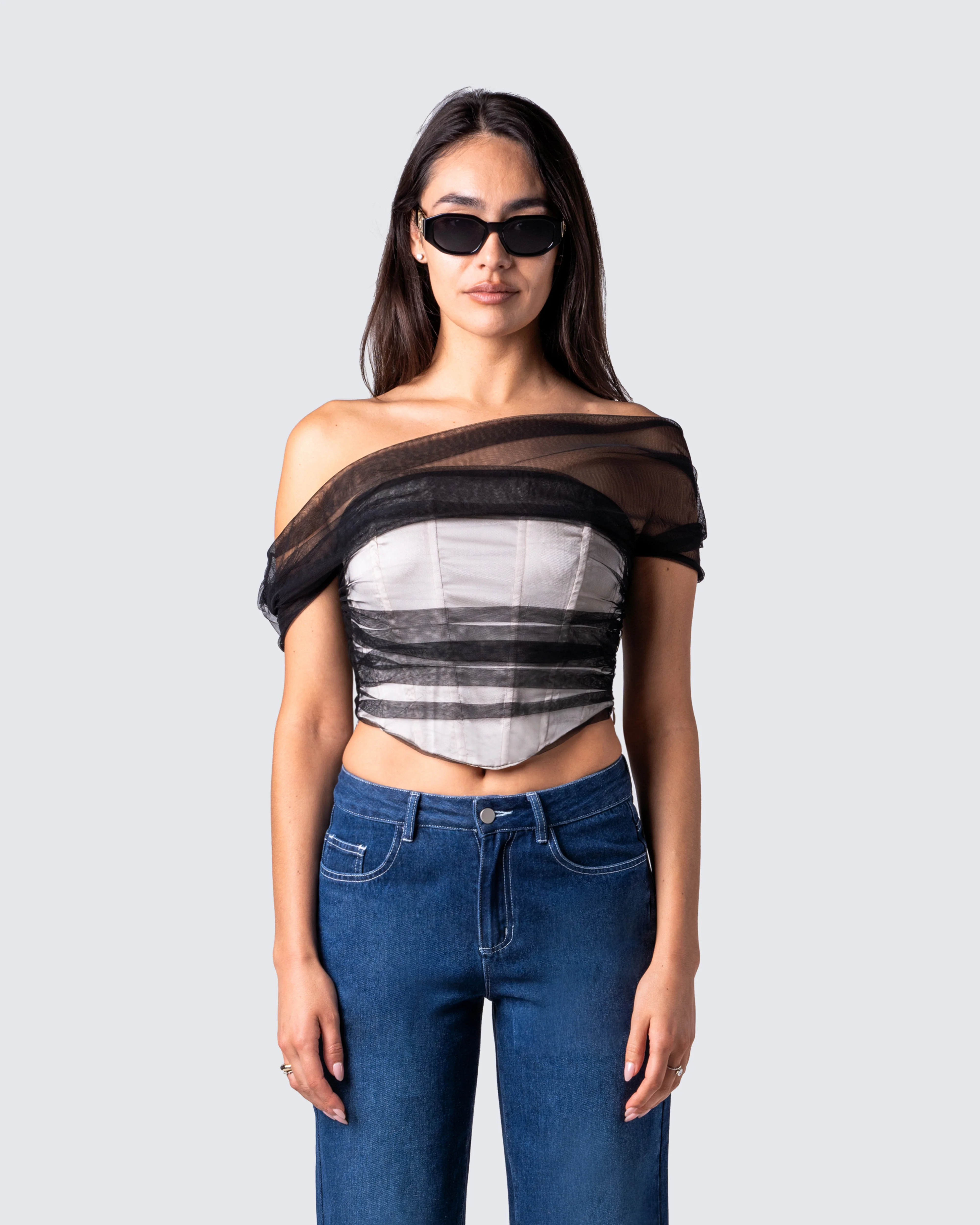 Baer Black Tulle Off Shoulder Top - Image 4
