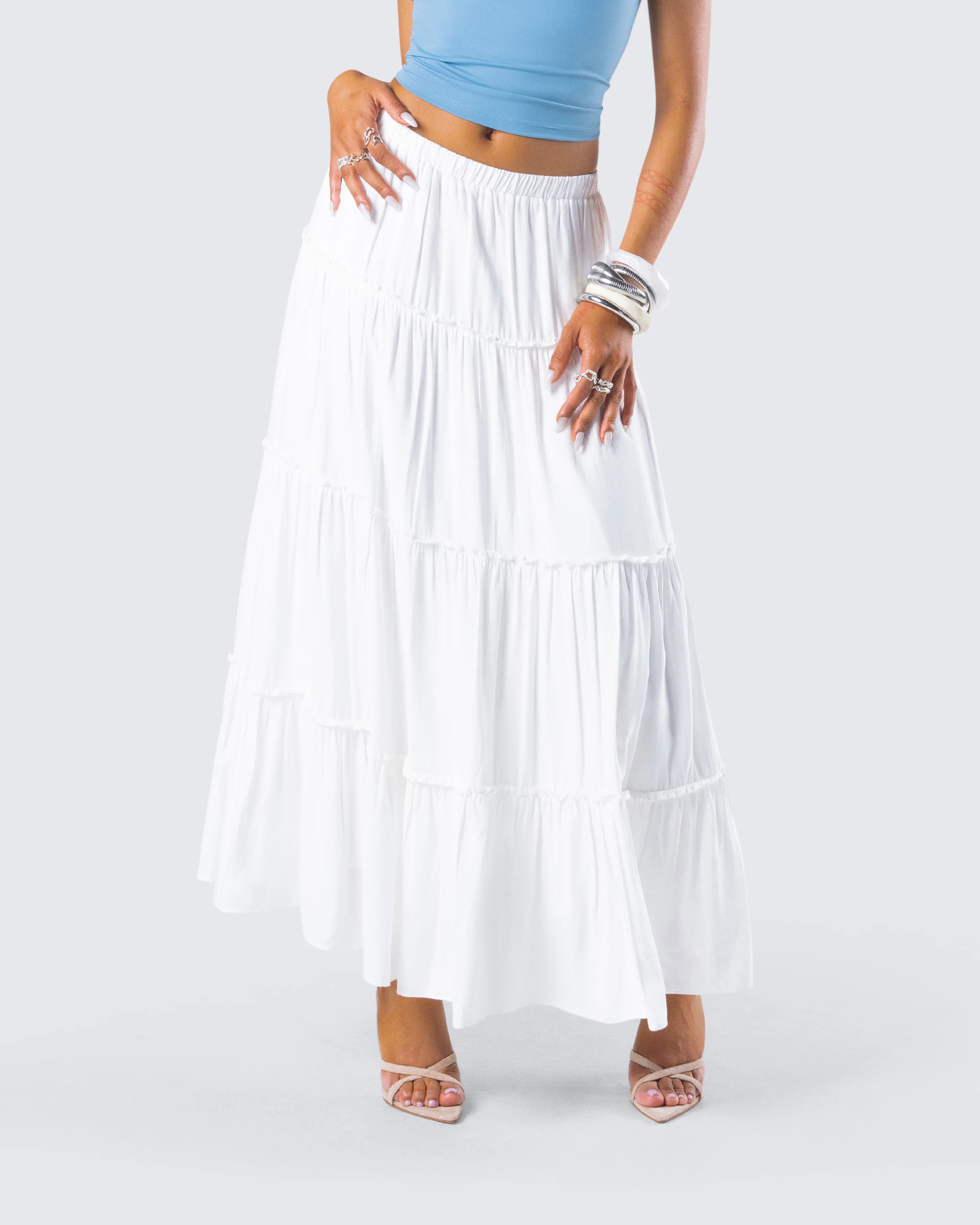 Bailee White Tiered Midi Skirt - Image 8