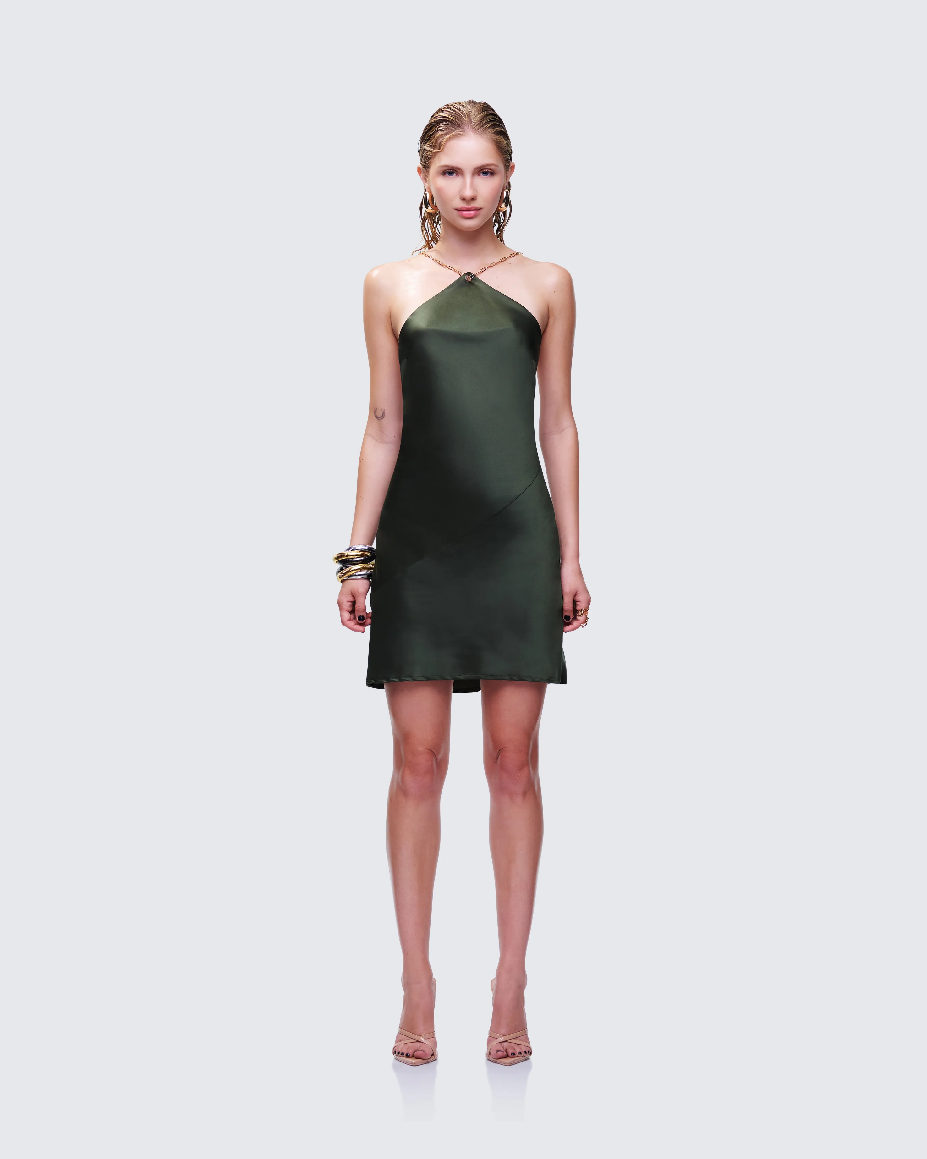 Bindi Olive Green Satin Mini Dress - Image 4