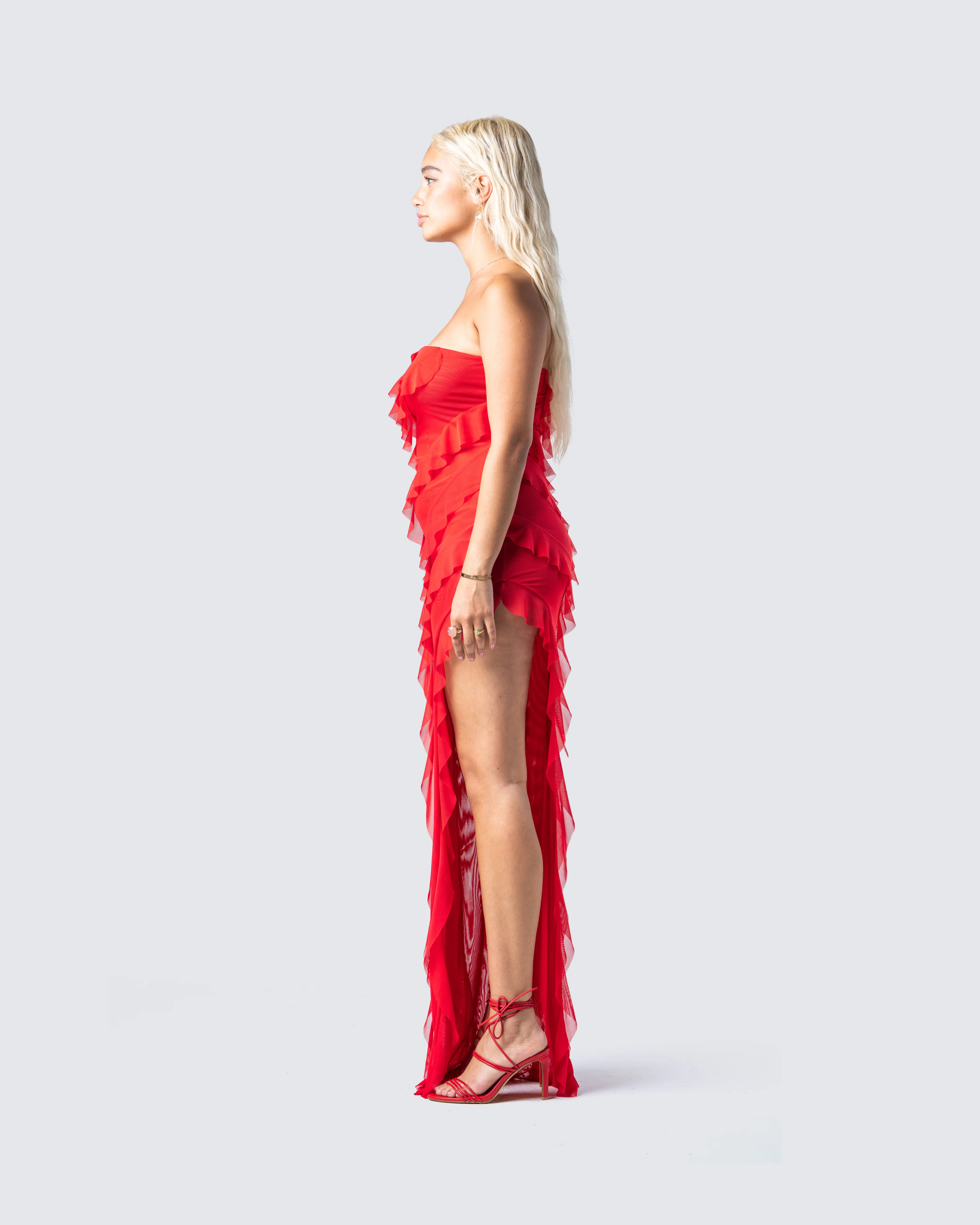 Blanche Red Mesh Ruffle Maxi Dress - Image 5