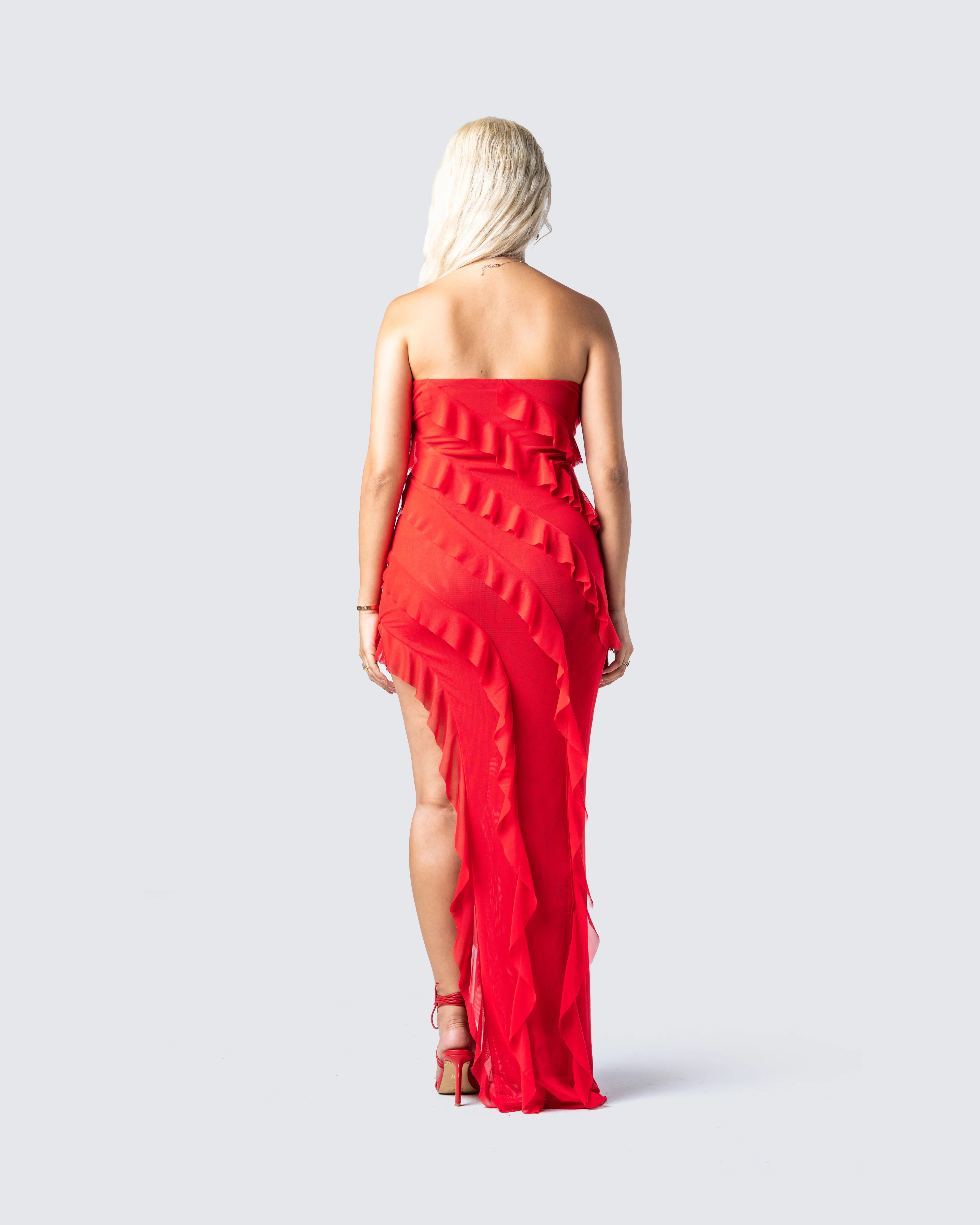 Blanche Red Mesh Ruffle Maxi Dress - Image 6