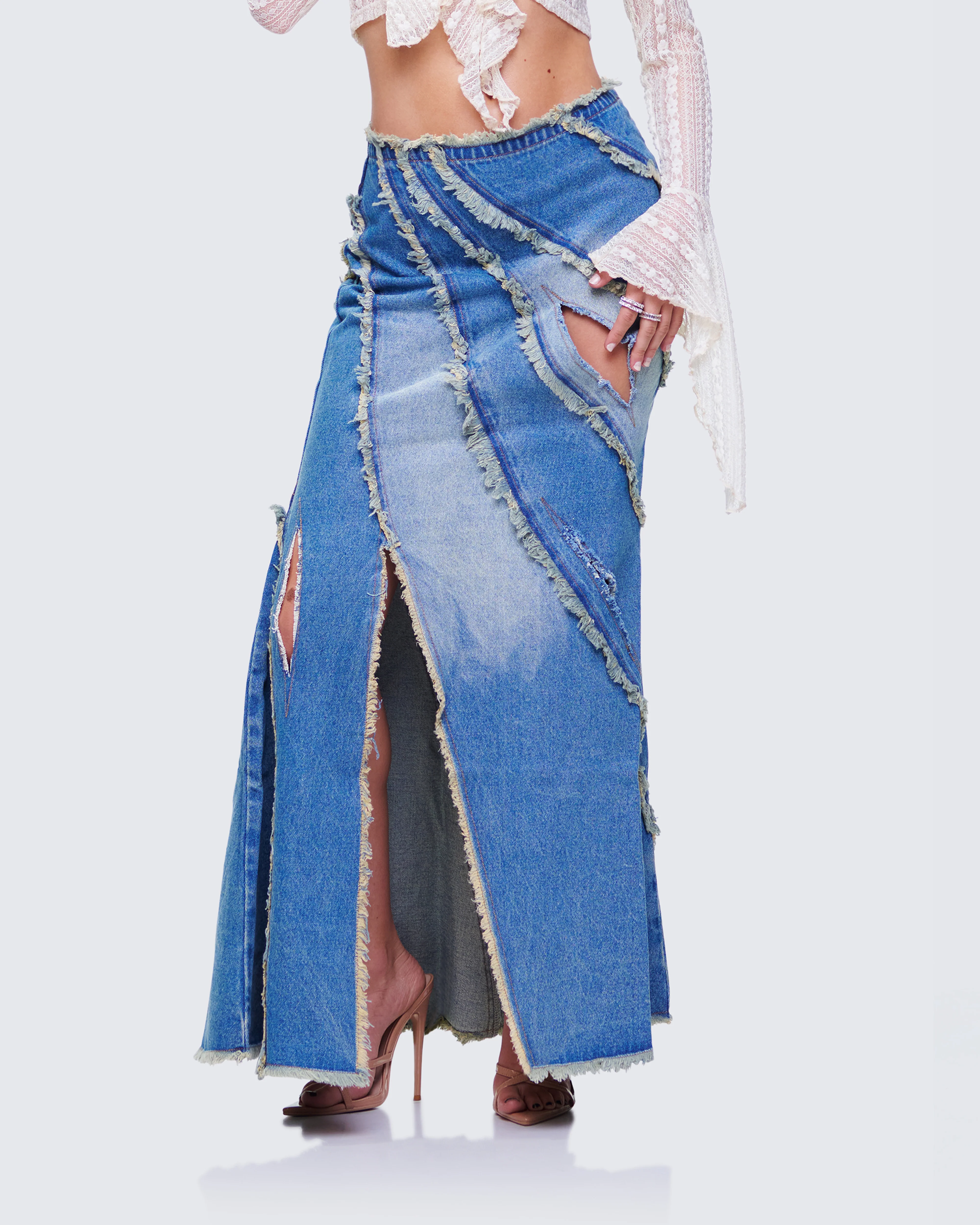 Briony Blue Denim Frayed Maxi Skirt - Image 3