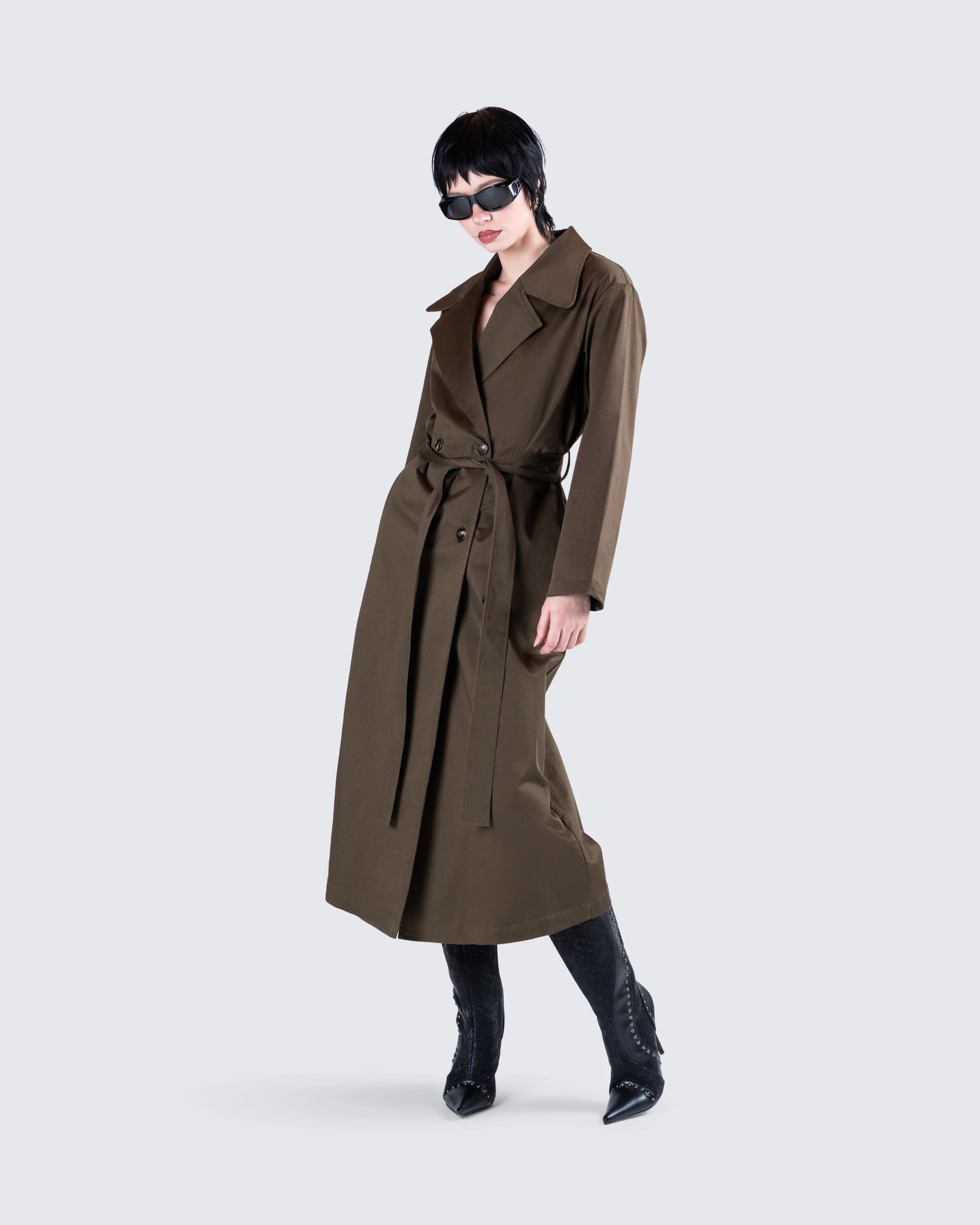 Bryn Dark Olive Belted Trench Coat - Image 8