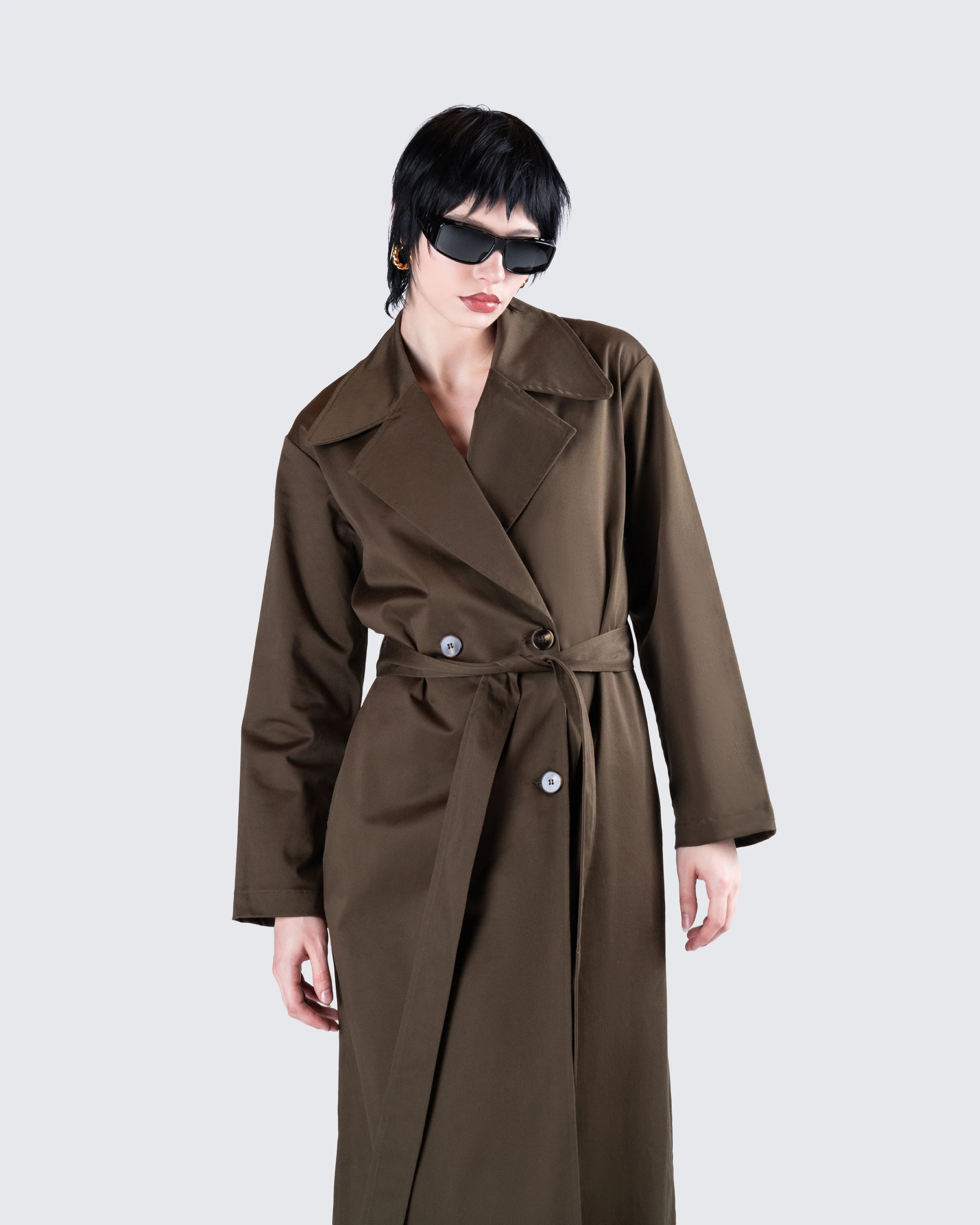 Bryn Dark Olive Belted Trench Coat - Image 9
