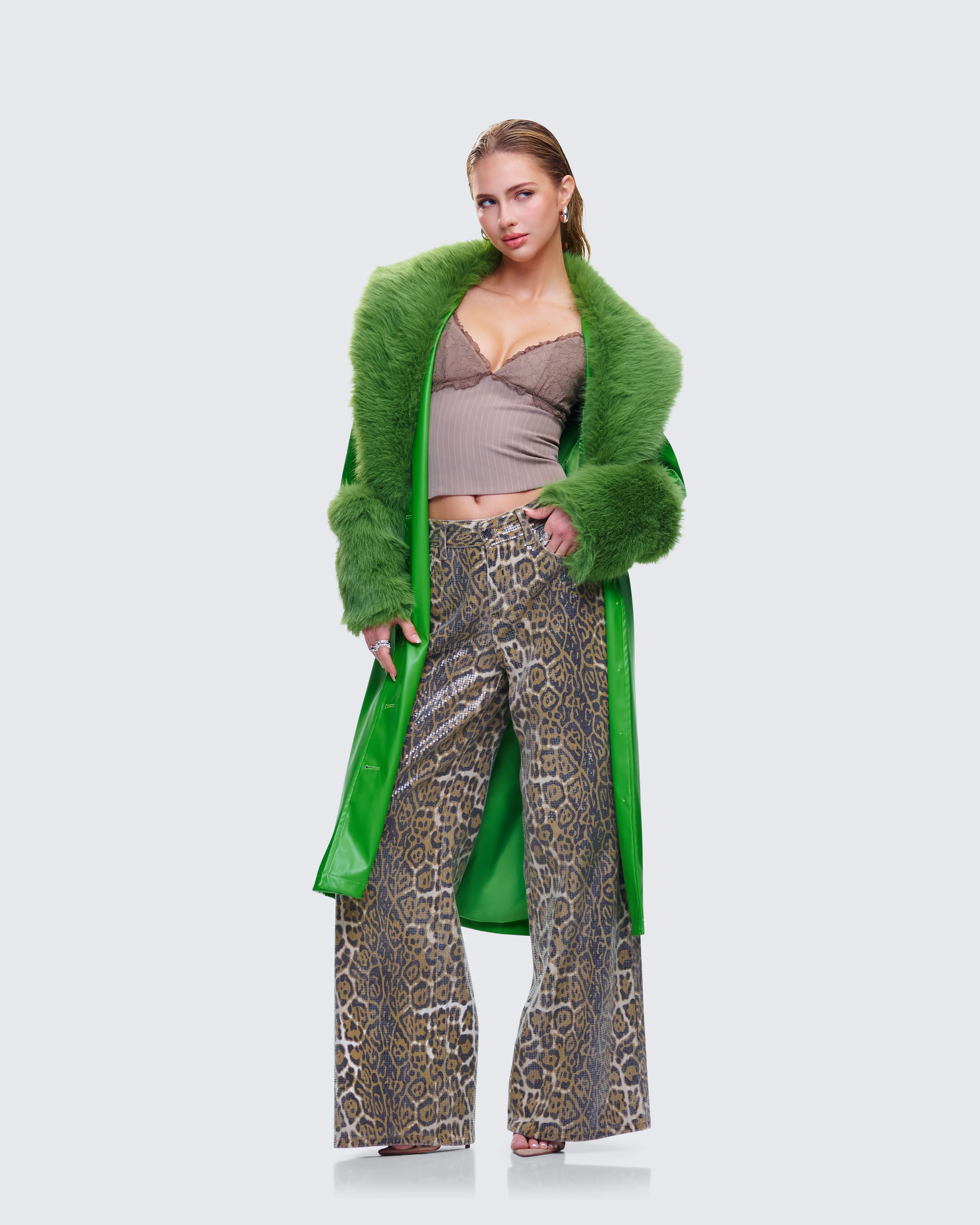 Chlo Green Faux Leather Fur Trim Coat - Image 6