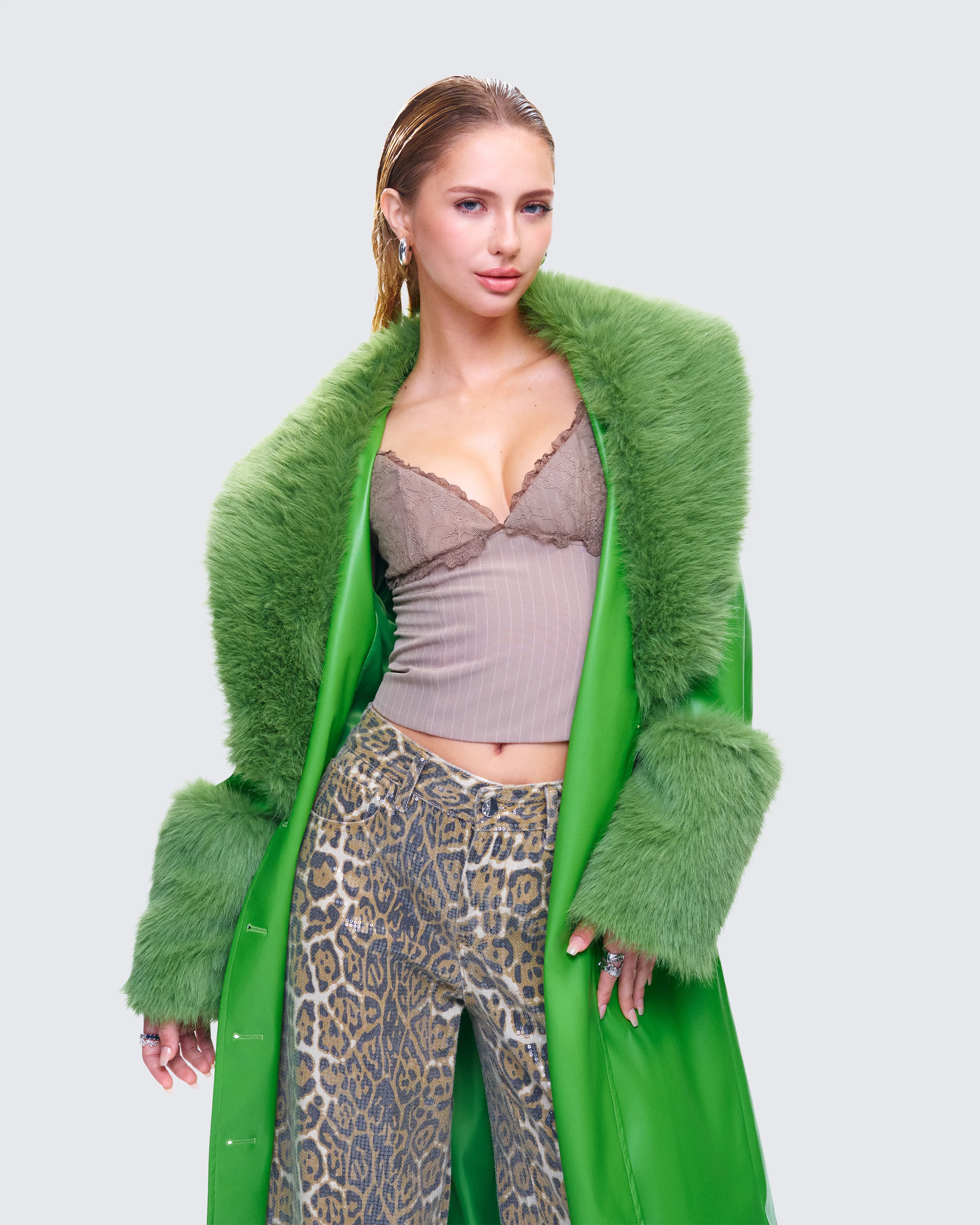 Chlo Green Faux Leather Fur Trim Coat - Image 8