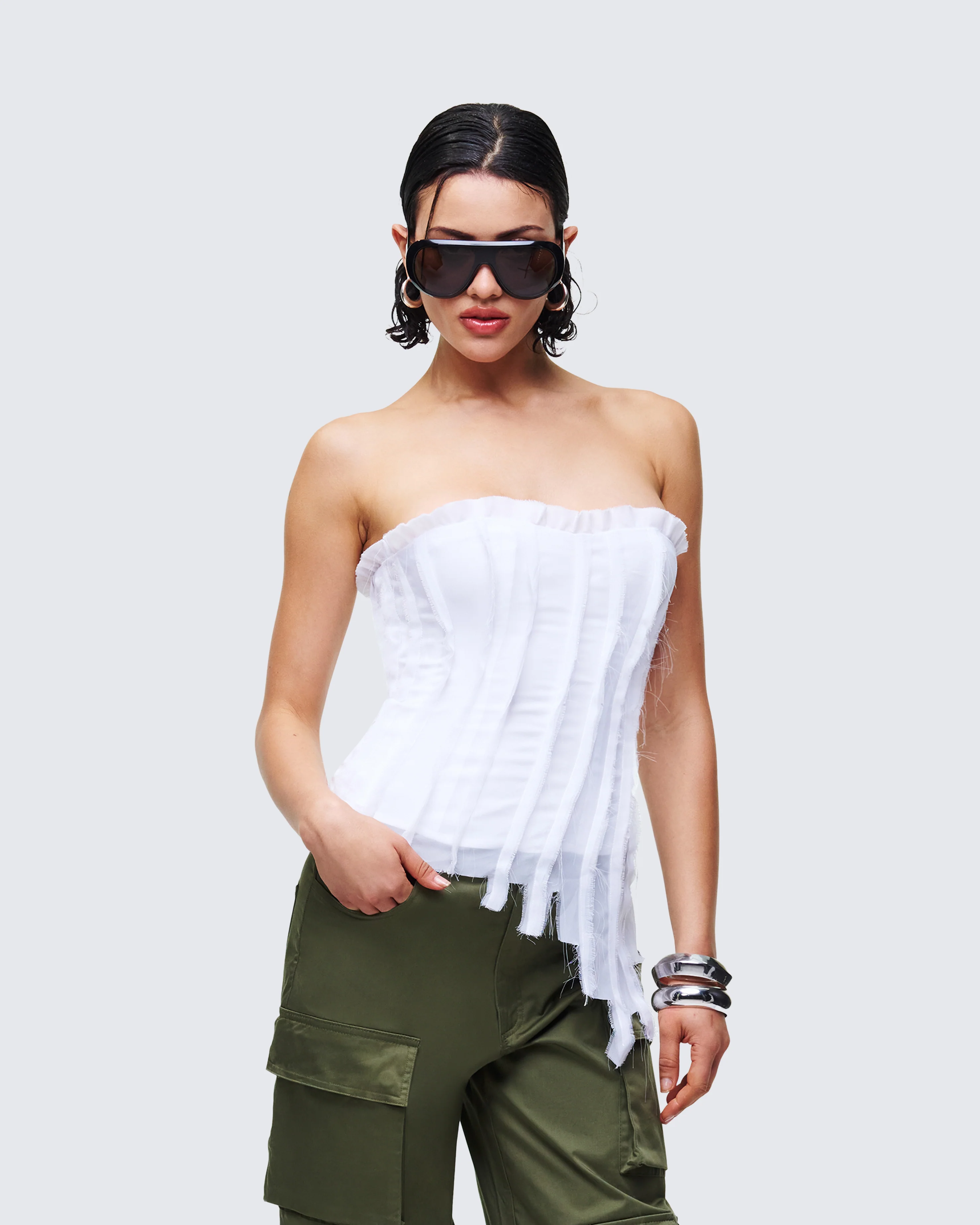 Claudette White Chiffon Asymmetric Corset Top - Image 3