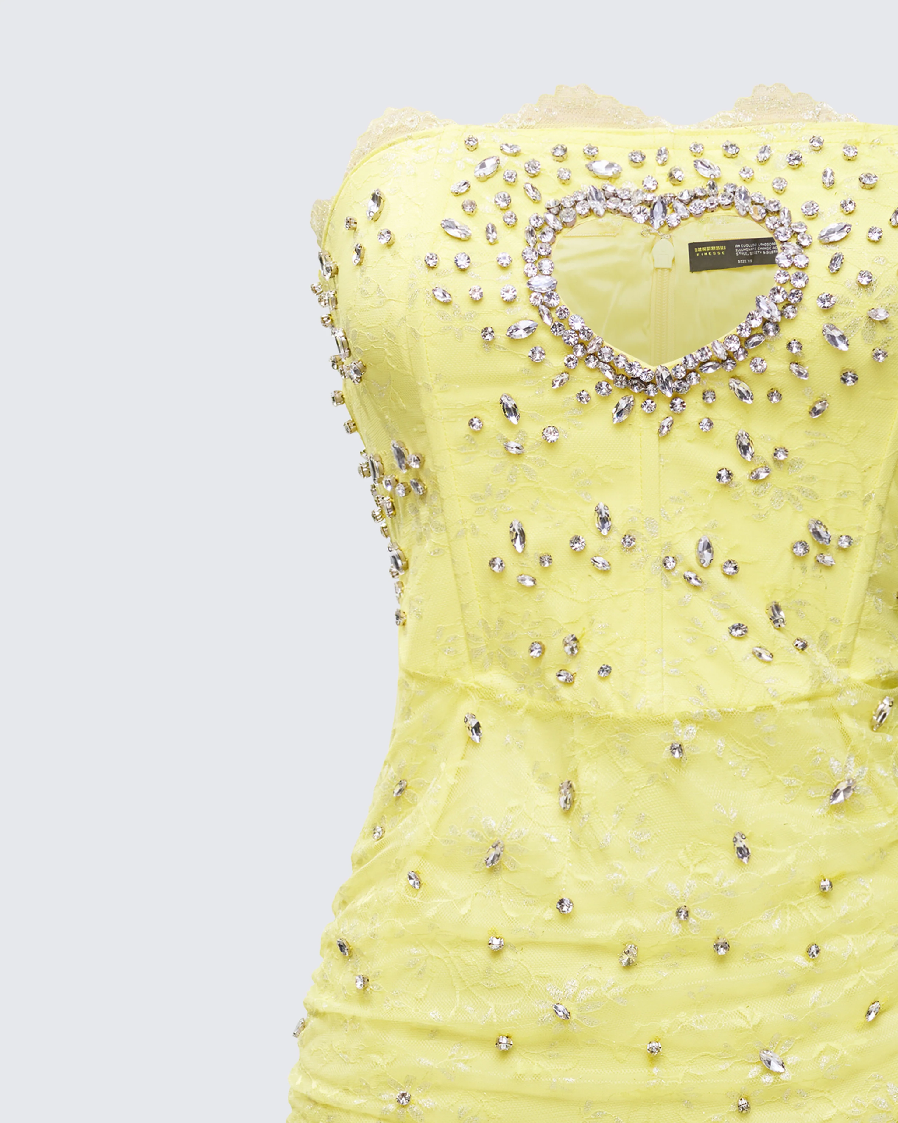 Clover Hand Beaded Rhinestone Yellow Mini Dress - Image 6