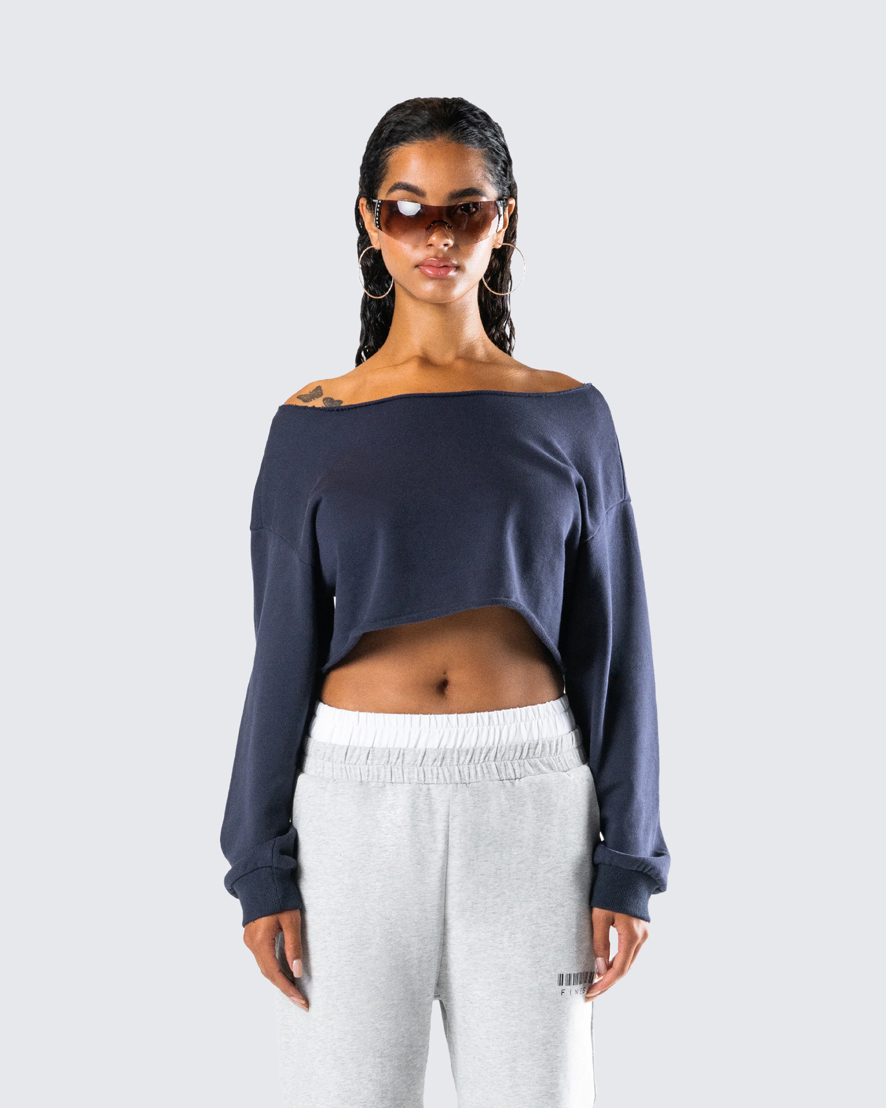 Cory Navy Long Sleeve Crop Top - Image 4