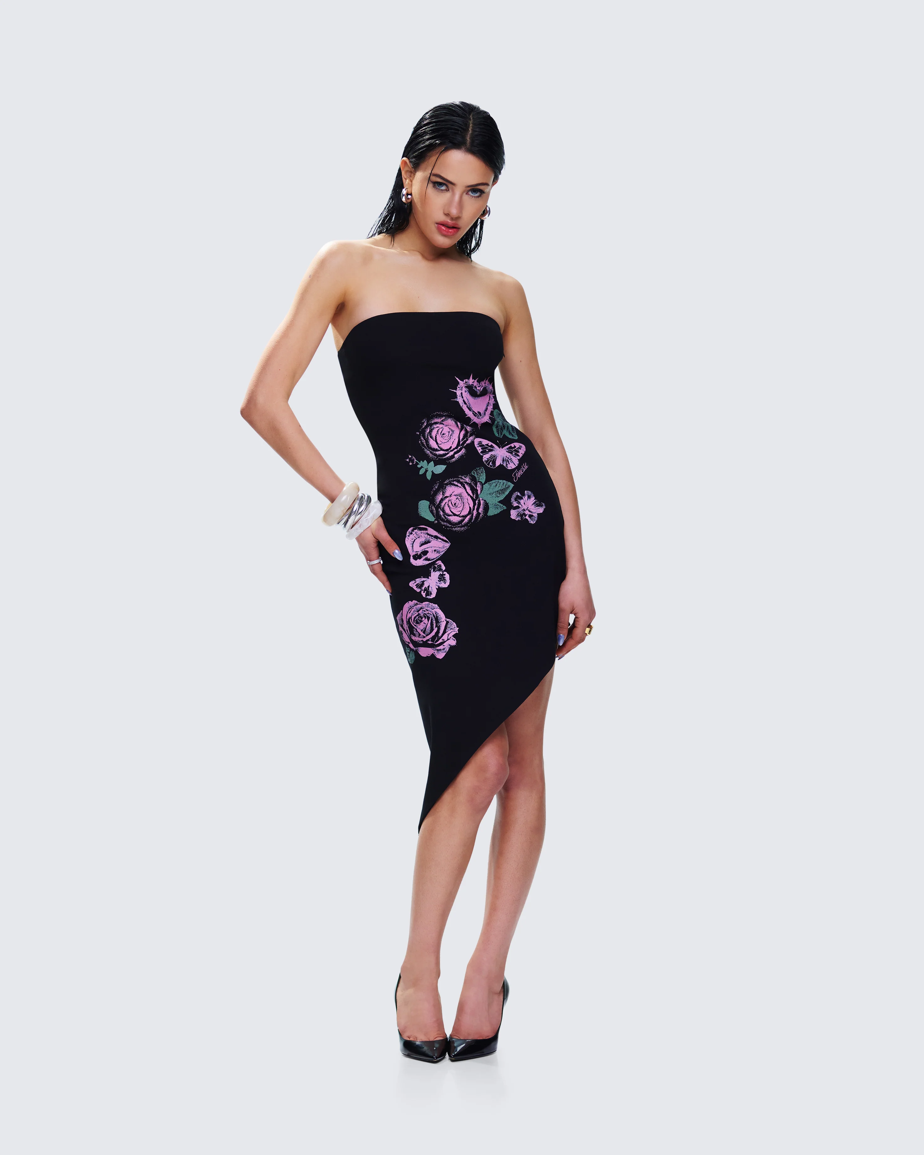 Dariela Black Flower Print Midi Dress - Image 6