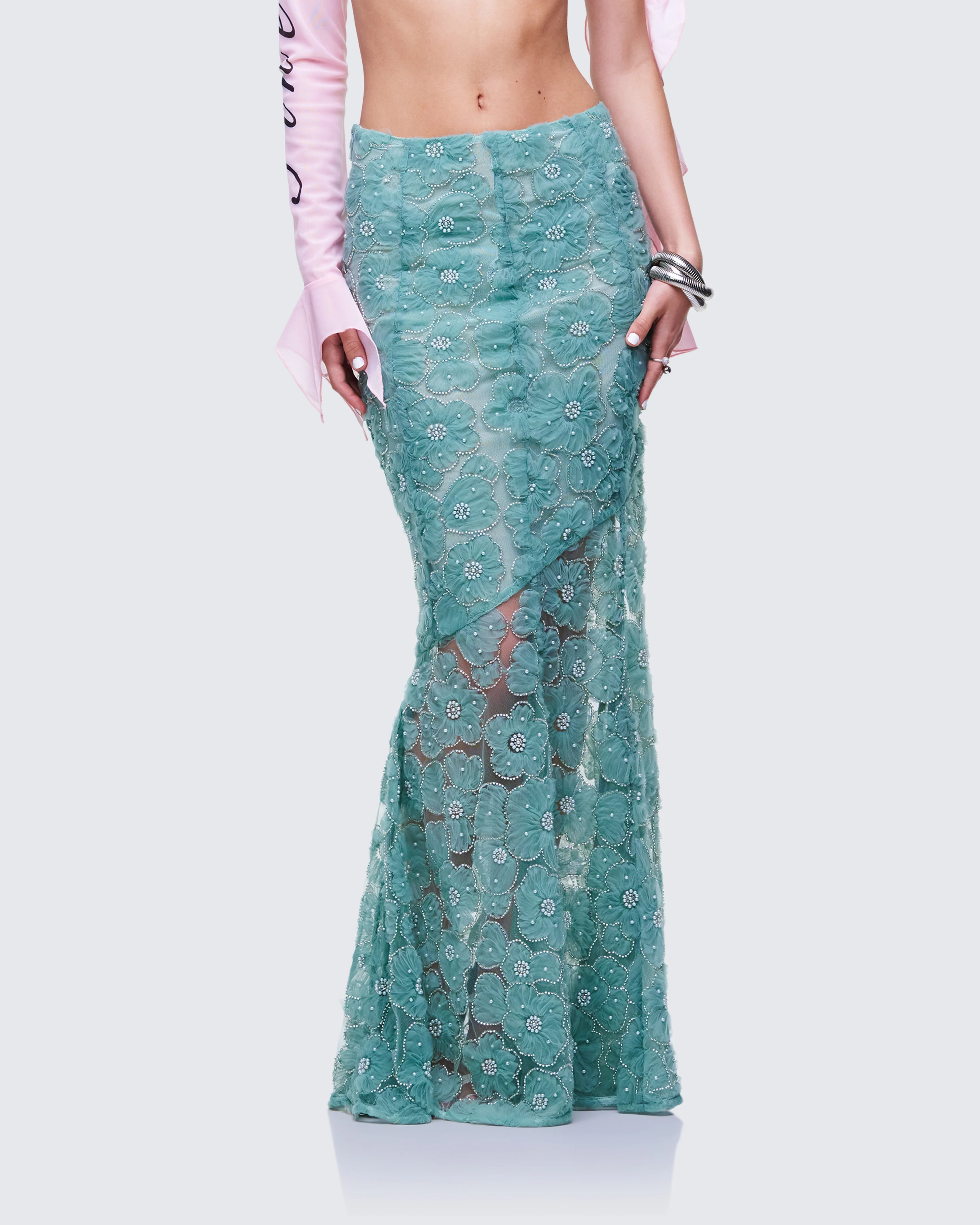 Delancy Green Embroidered Maxi Skirt - Image 3