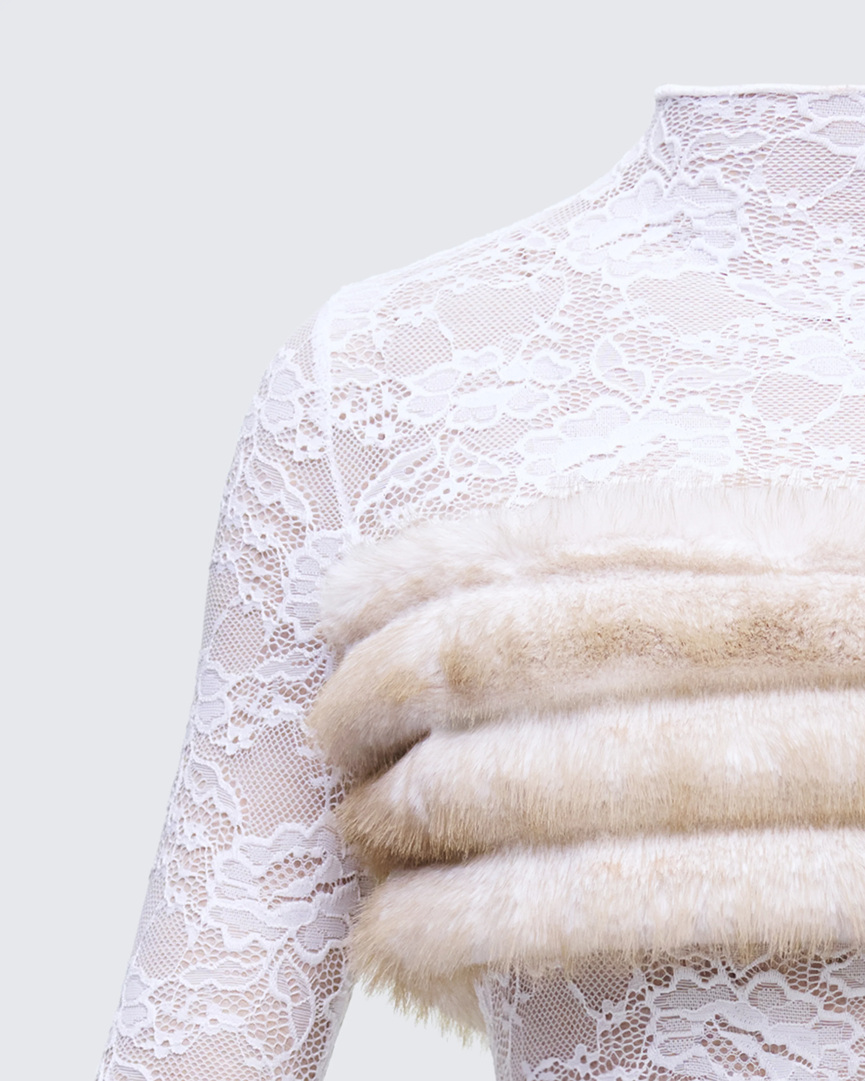 Dianne Cream Faux Fur & Lace Mini Dress - Image 6