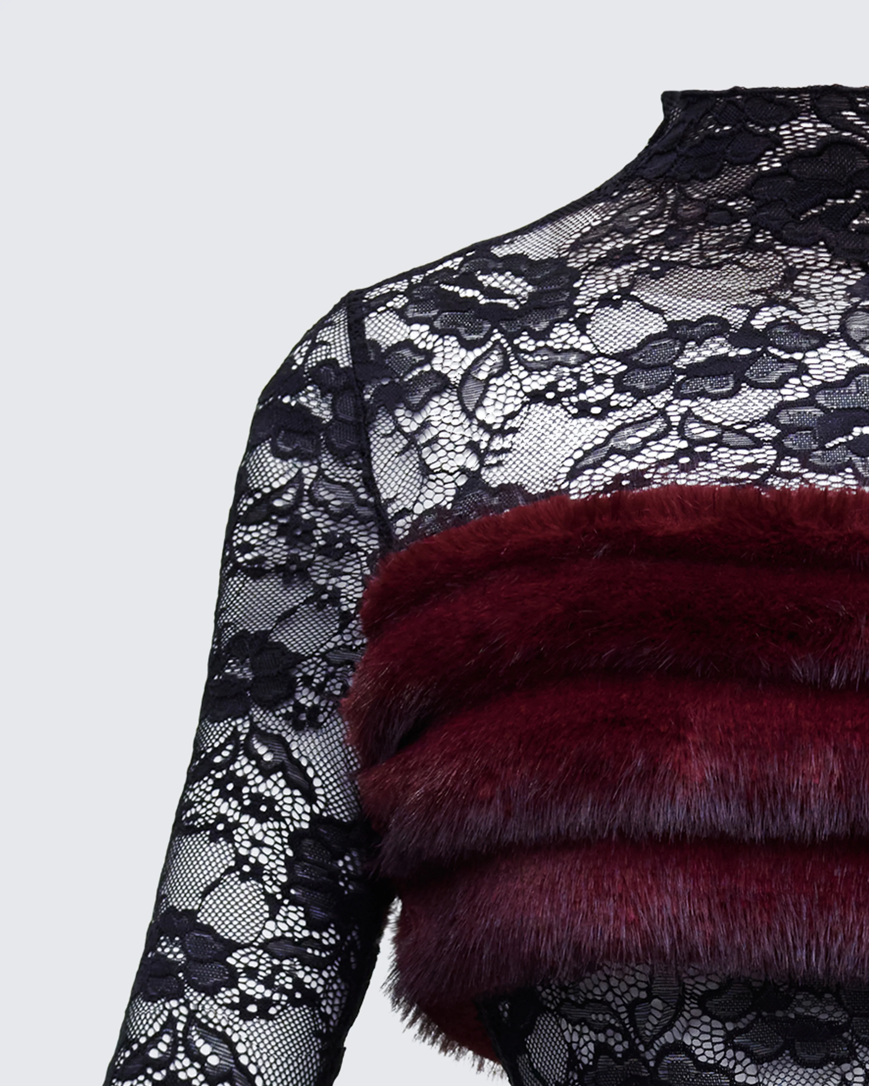 Dianne Red Faux Fur & Lace Mini Dress - Image 6
