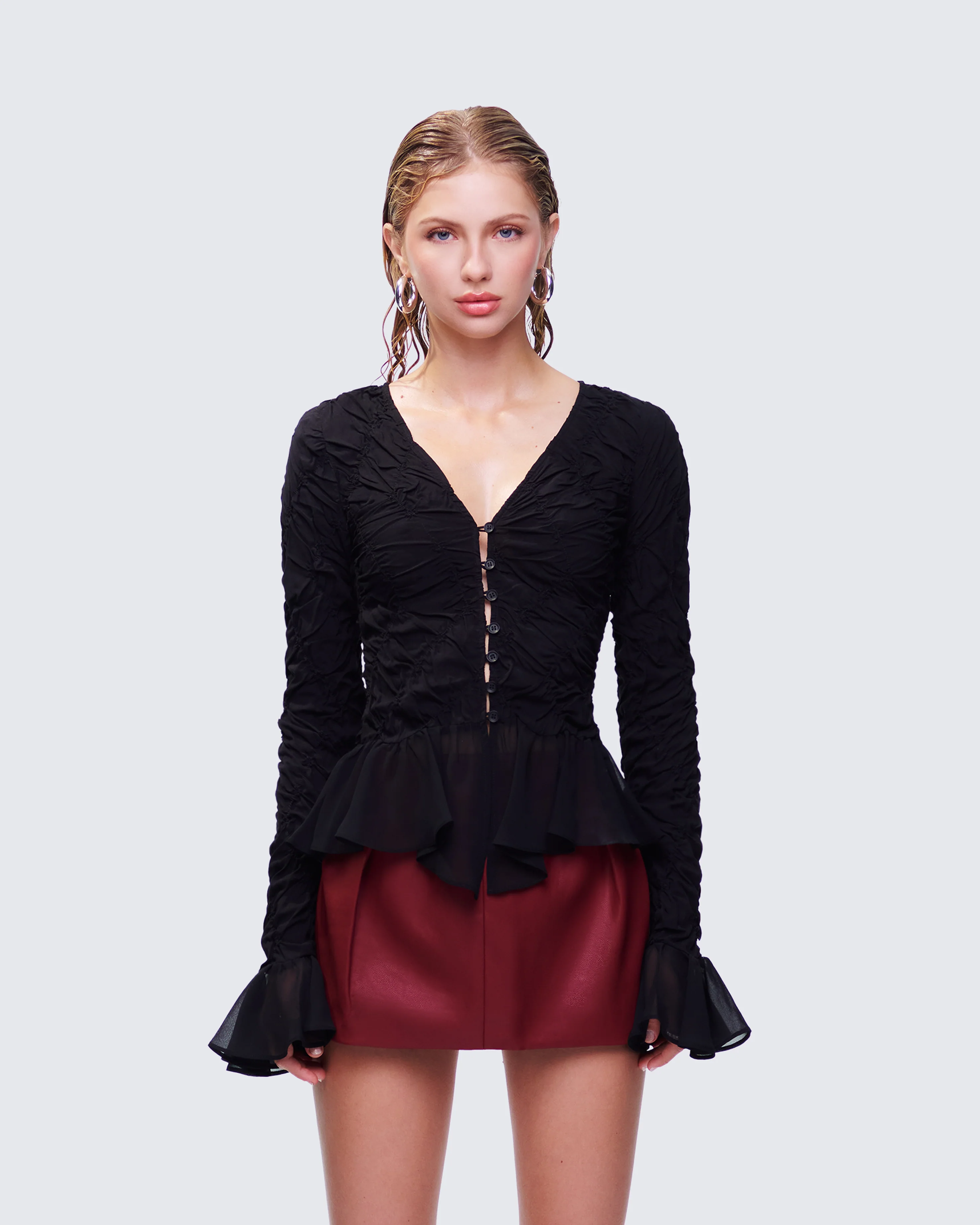 Eilis Black Texture Flute Cuff Blouse - Image 2