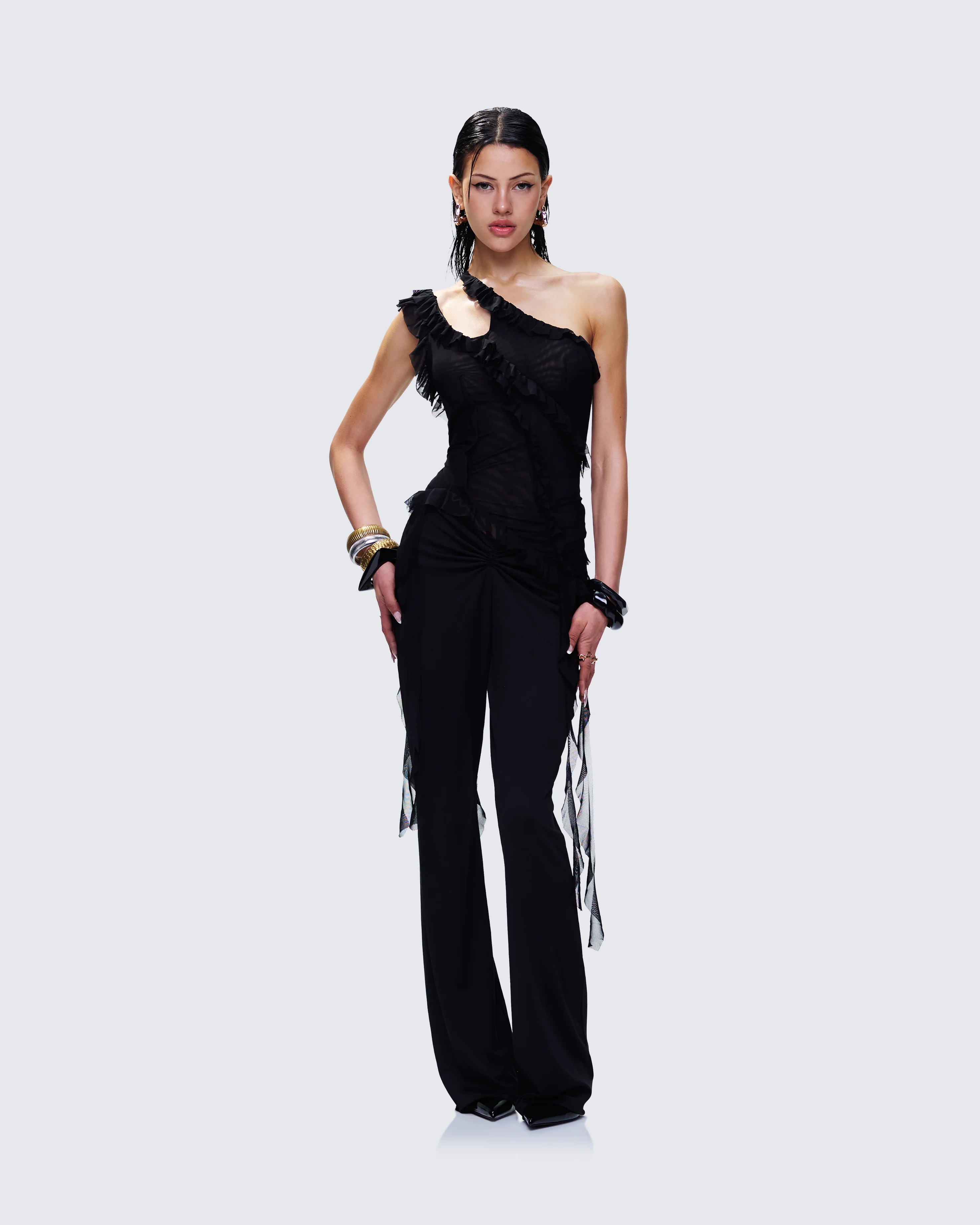 Ekaterina Black Mesh Ruffle Top - Image 5