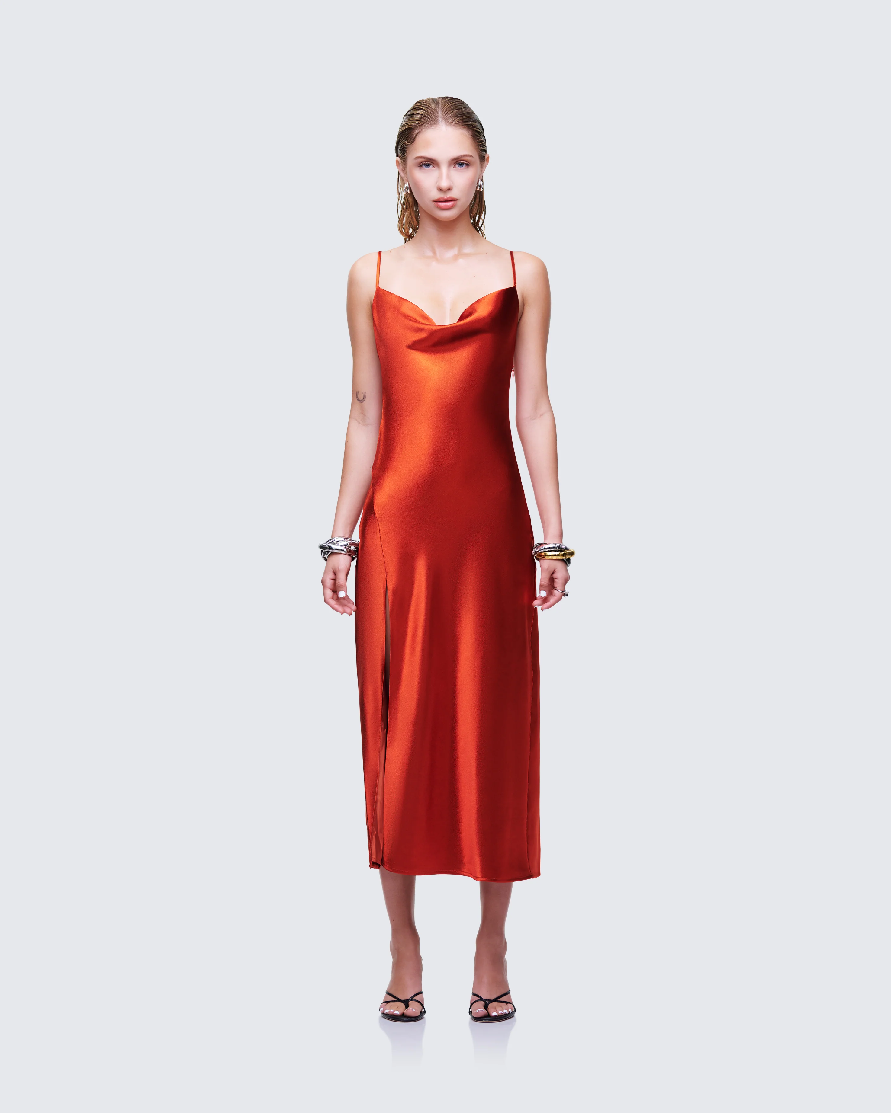 El Orange Satin Midi Dress - Image 2