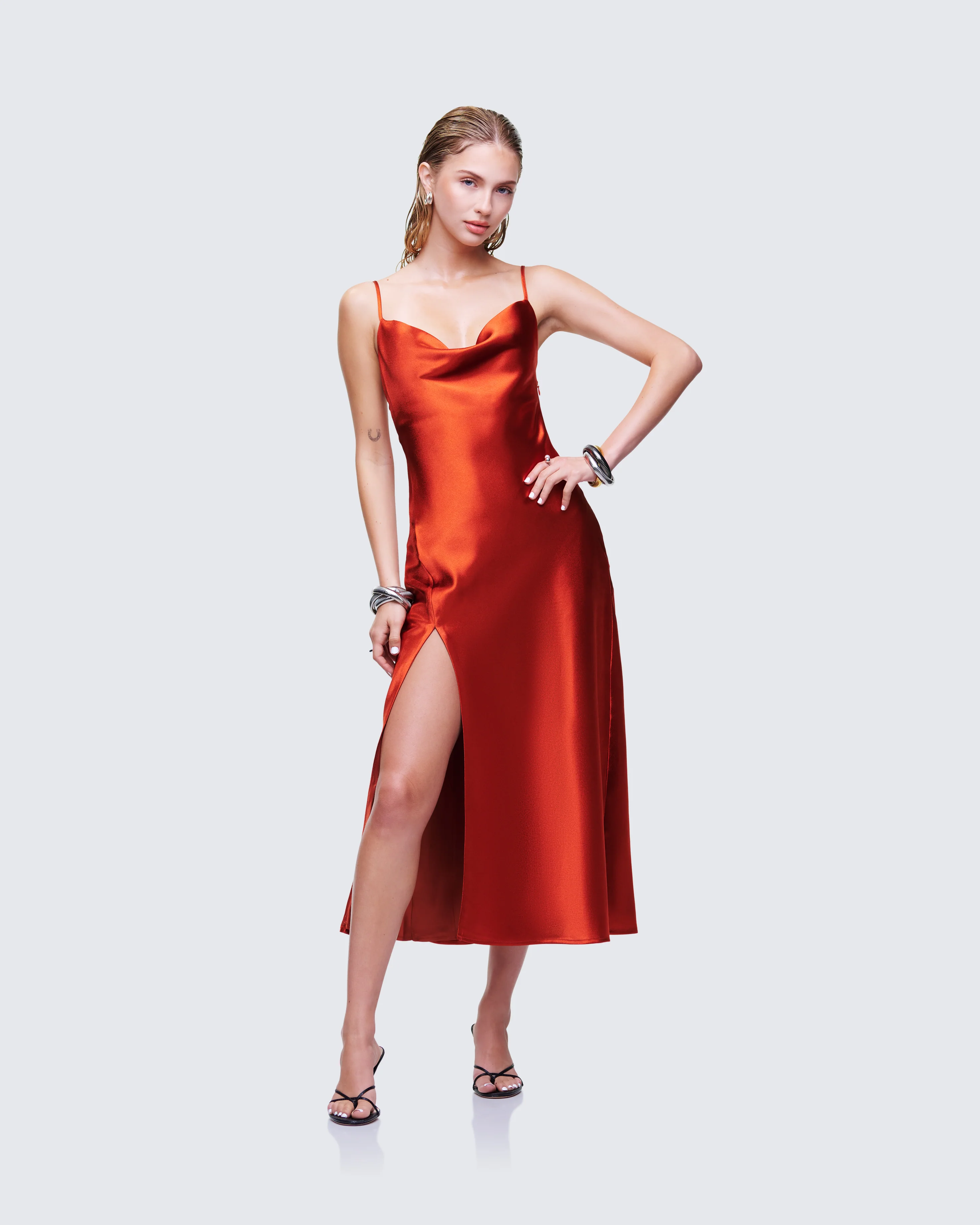 El Orange Satin Midi Dress - Image 3