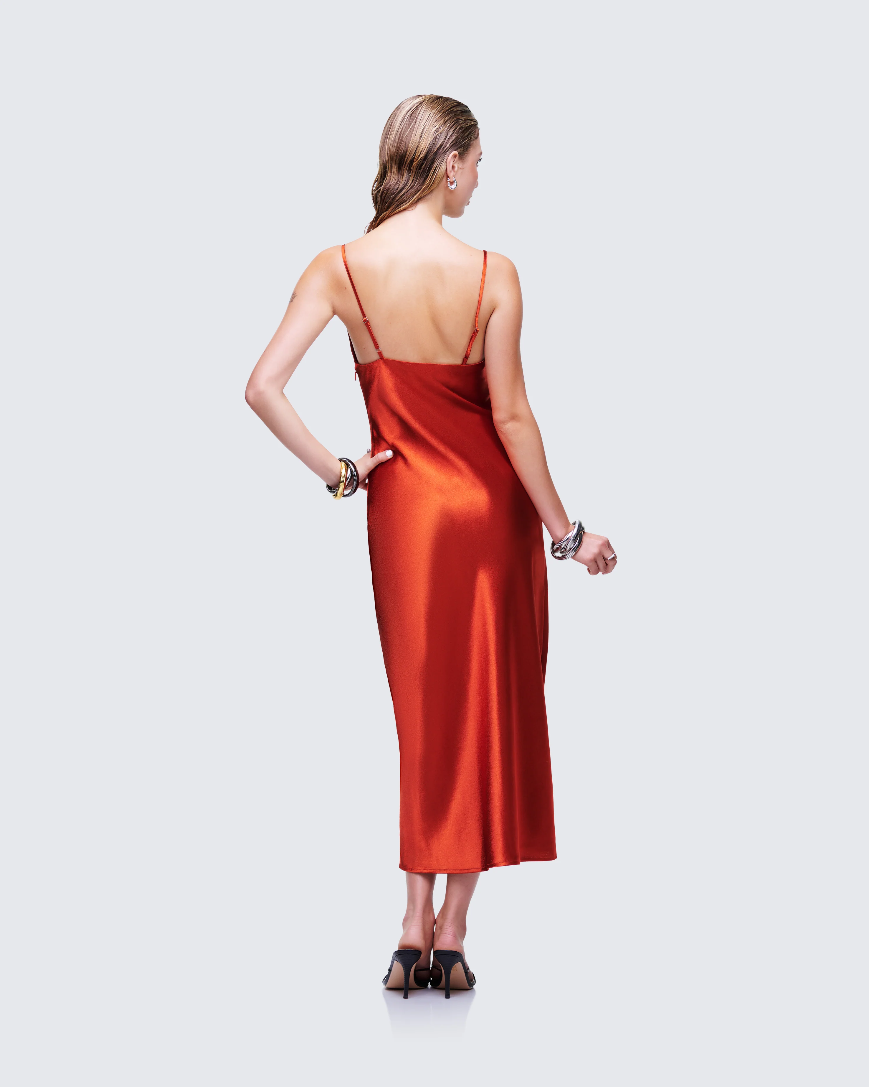 El Orange Satin Midi Dress - Image 5