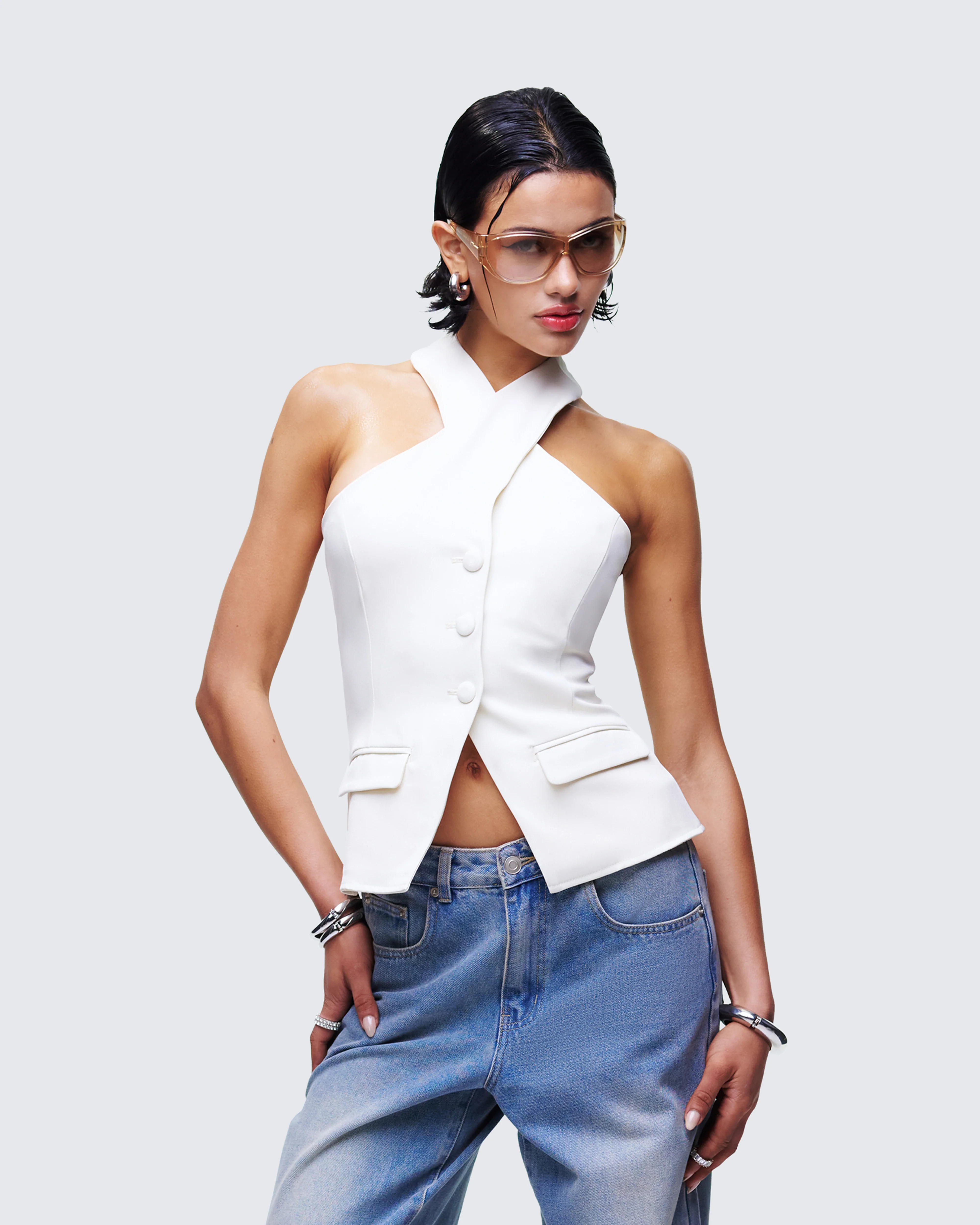 Elina Cream Halter Neck Waistcoat - Image 3