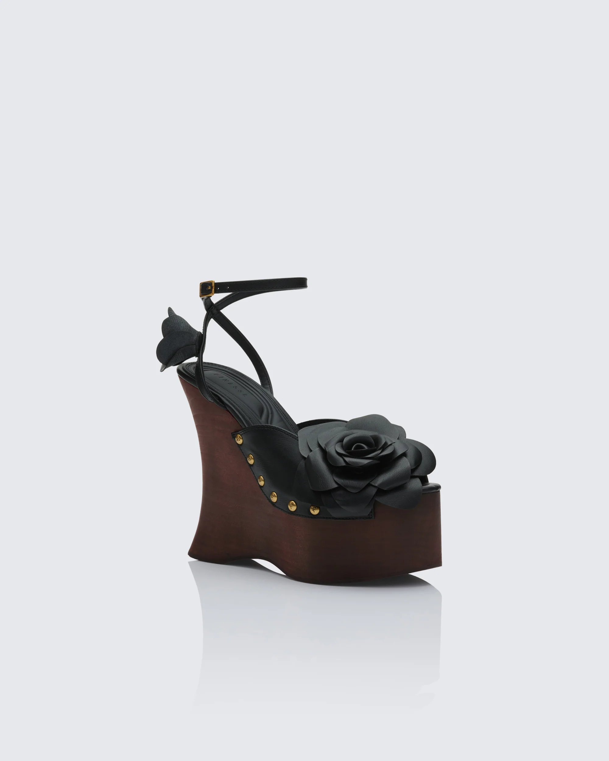 Elyanna Black Corsage Wooden Wedges - Image 2
