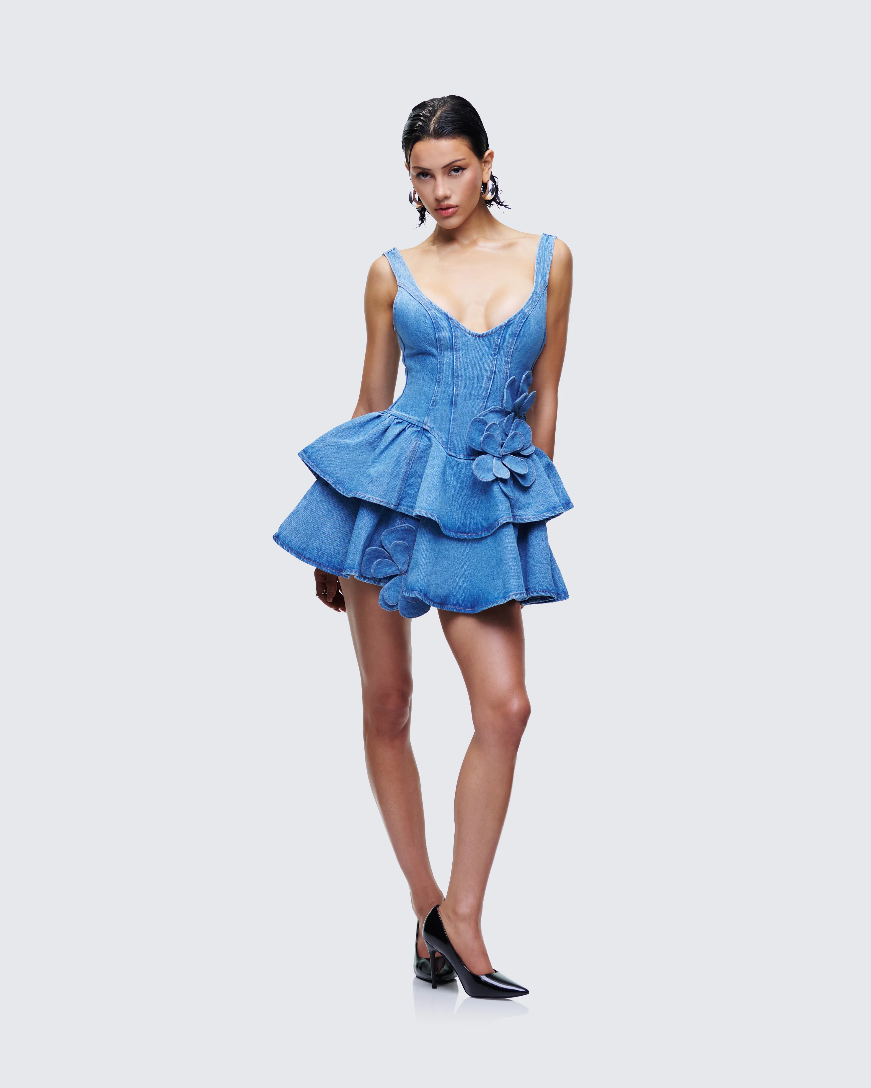 Emelina Blue Denim Flower Frill Mini Dress - Image 3